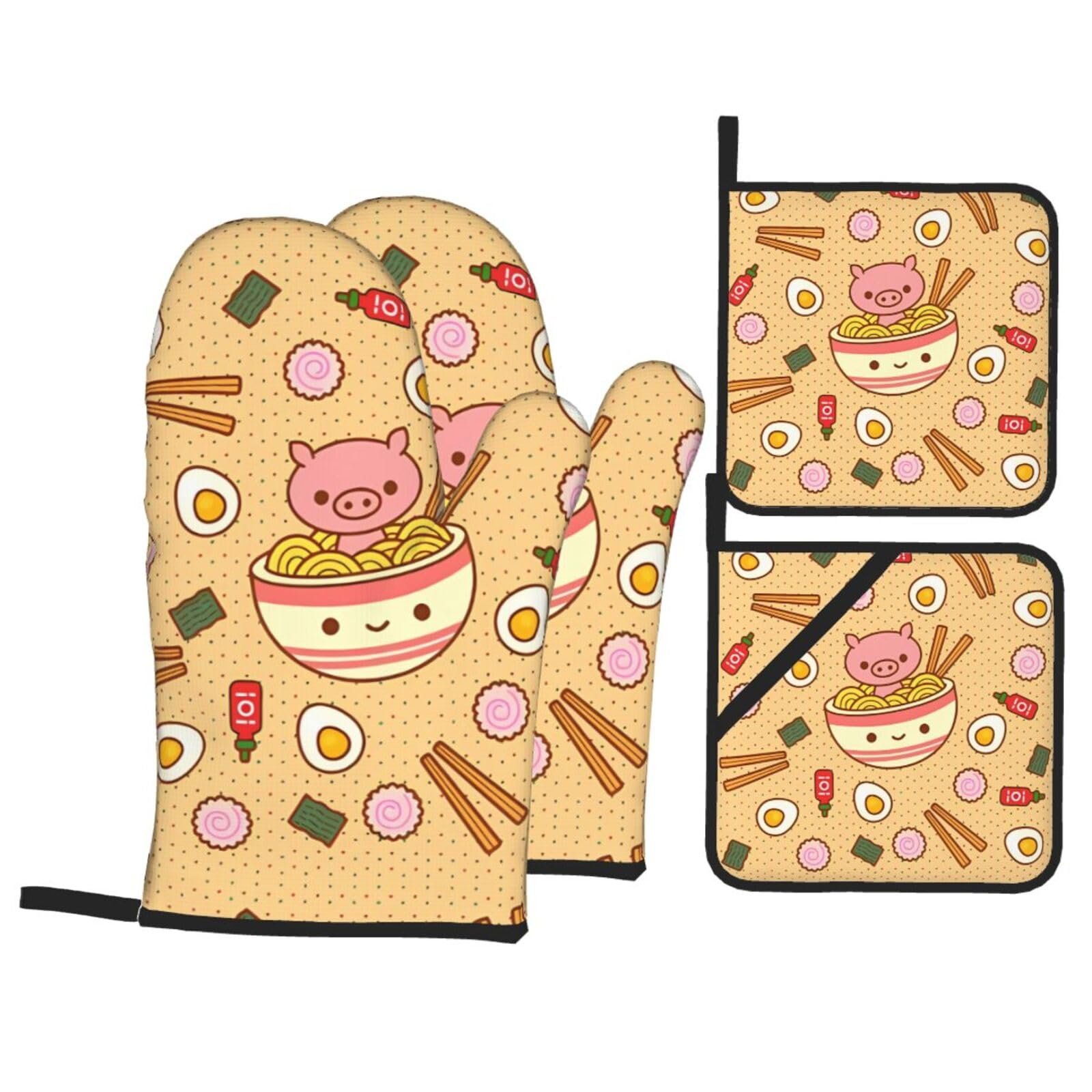 WHJSHOP Delicious Sweet Ramen Prints Kitchen Baking Throw Set with Heat Resistance, Waterproof Oven Mitts & Pot Holders for Cooking, Grilling & Handling Hot Dishes