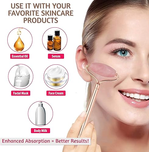 Miniatura 5 de Juego de rodillos de jade facial de metal, piedra de cuarzo rosa de jade 100% auténtica, rodillo facial de acupuntura 3 en 1 para arrugas