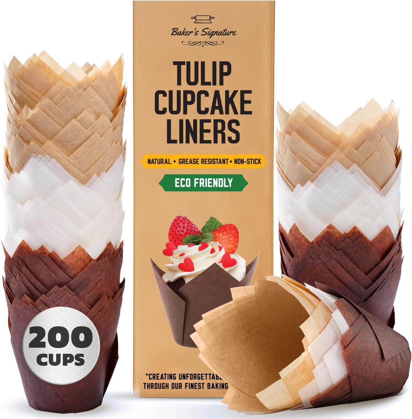Tulip Cupcake Cases, 200 Pcs – White, Beige and Brown, Disposable Muffin Liners for Baking – Paper Wrappers for Home, Wedding, Events, Kids' Parties – Easy to Remove by Baker's Signature