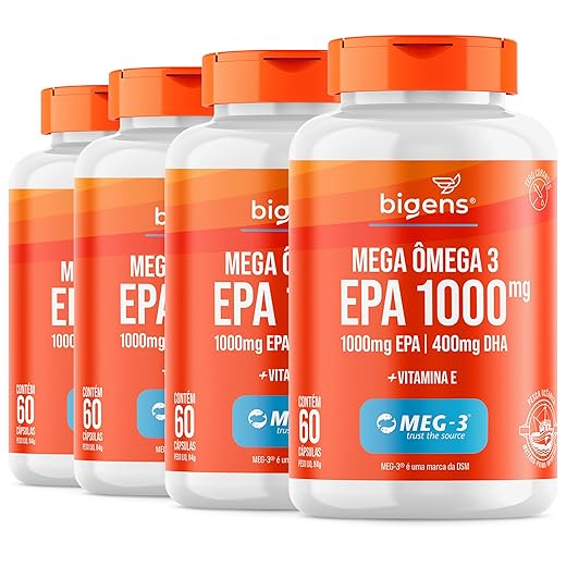 Mega Omega 3, EPA 1000mg + DHA 400mg, Certificado Meg-3, 60 cápsulas, Bigens (Kit 4, Com Vitamina E)