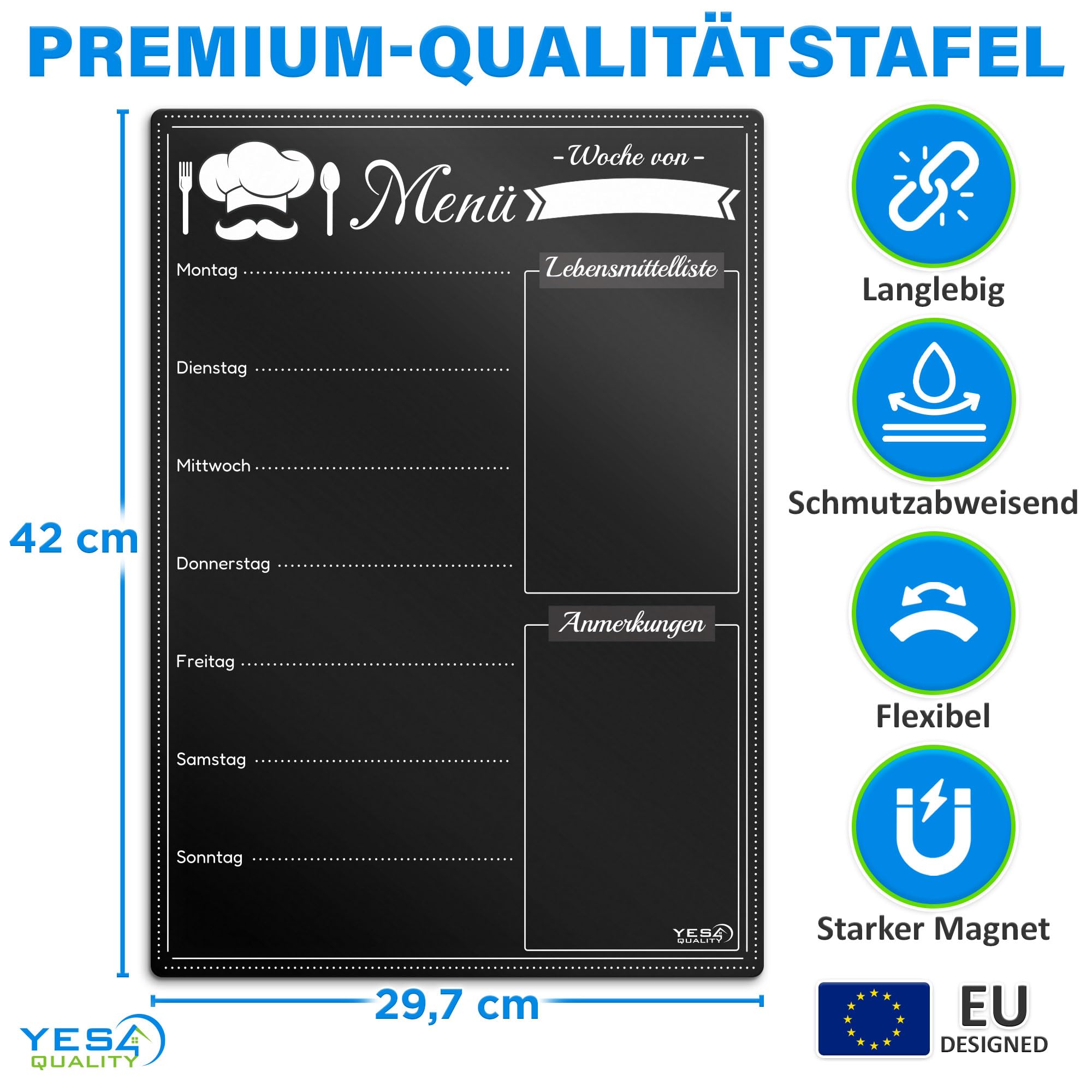 A3 Magnetic Dry Erase Menu Board for Fridge - 40 x 30 cm - Magnetic Black Schedule Board Kitchen Weekly Meal Planner With 4 Markers and 1 Cleaning Cloth - by Yes4Quality