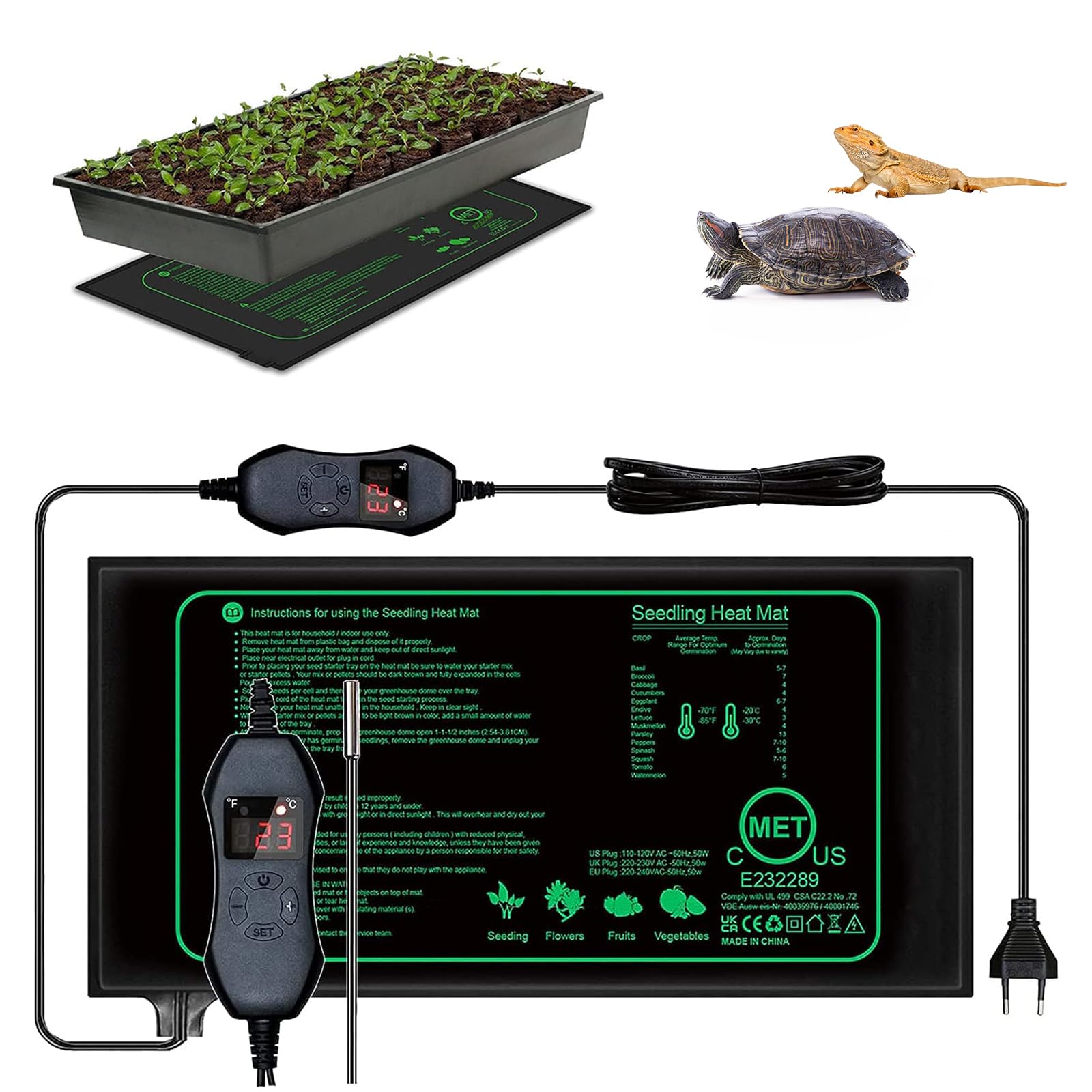 Aisny Estera Térmica para Plántulas, 50W Estera Térmica para Invernadero Interior Controlador Termostático 68°F-86°F Reptiles Placa Calefactora para Mascotas Almohadilla, 25 x 52 cm