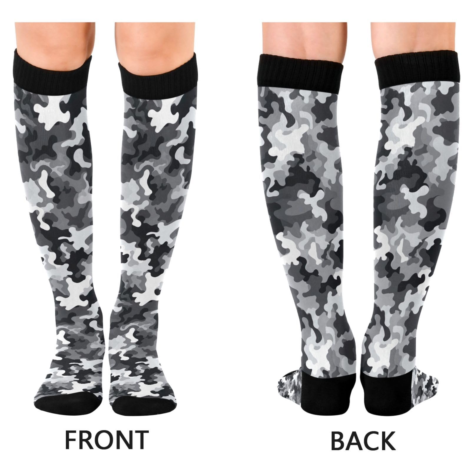 J JOYSAY Black White Classic Camo Compression Socks for Women Men Knee High Circulation Socks for Nurses Work
