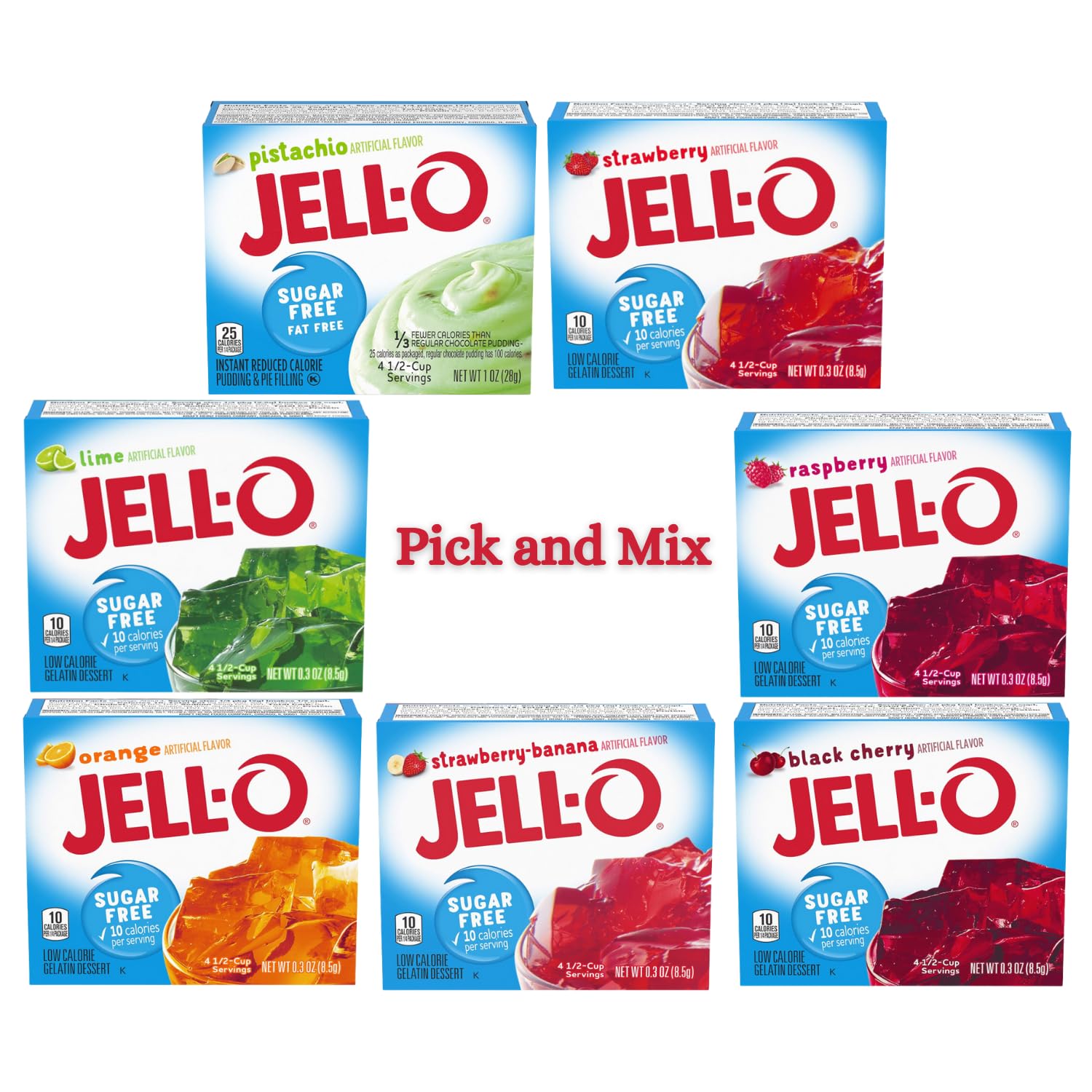 Jell-O Sugar Free Gelatin Powder | Pick N Mix | Create Custom Jelly Combo with 7+ Flavours - Strawberry, Raspberry, Orange, Pistachio and more | Pack of 8