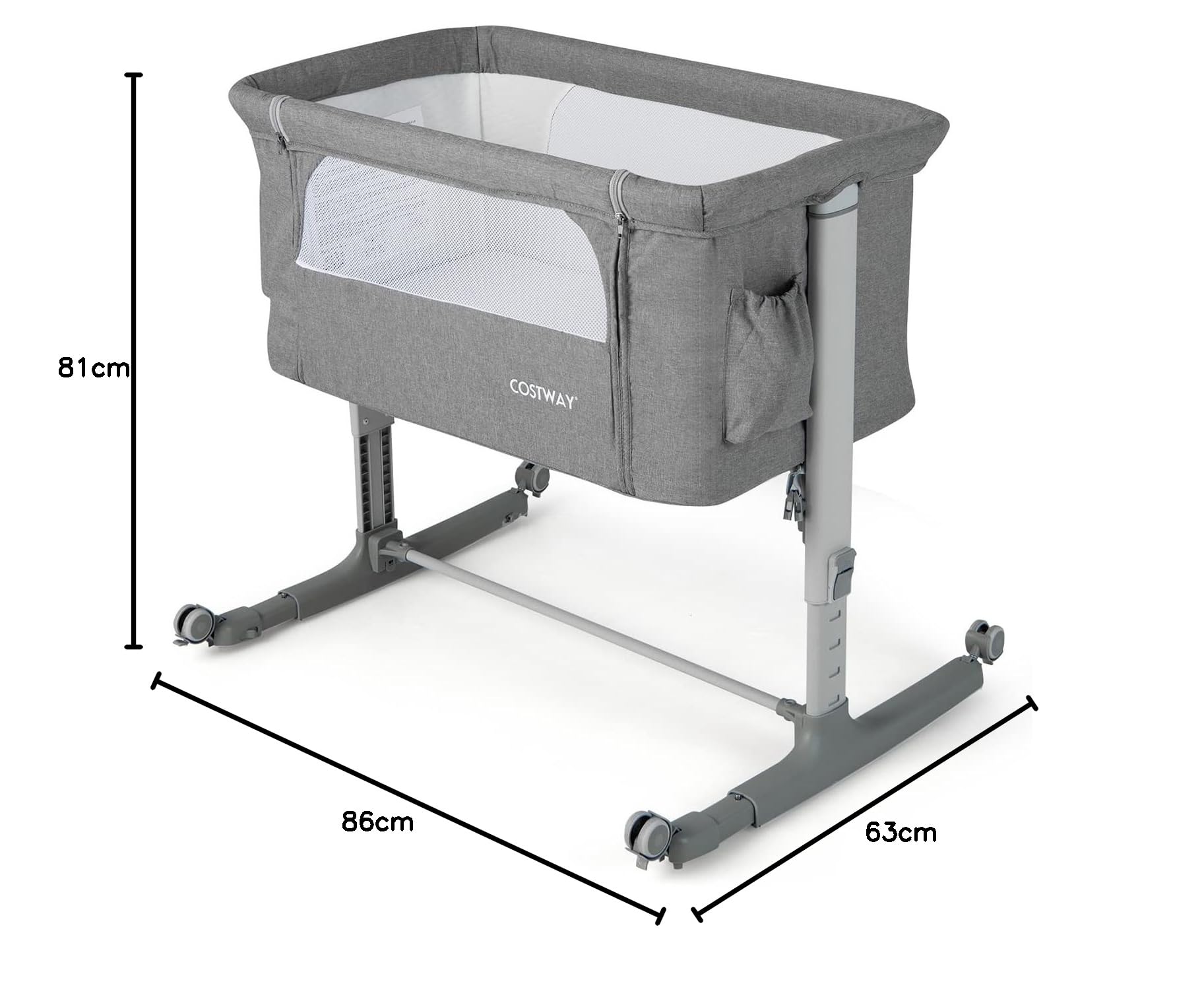 GOPLUS Berceau Bébé 3 en 1, Lit Cododo Portable avec Mode Berceau, Matelas Amovible, Hauteur Réglable, Poches de Rangement et Roues Verrouillables, Lit de Voyage pour Nouveau-né (Gris)