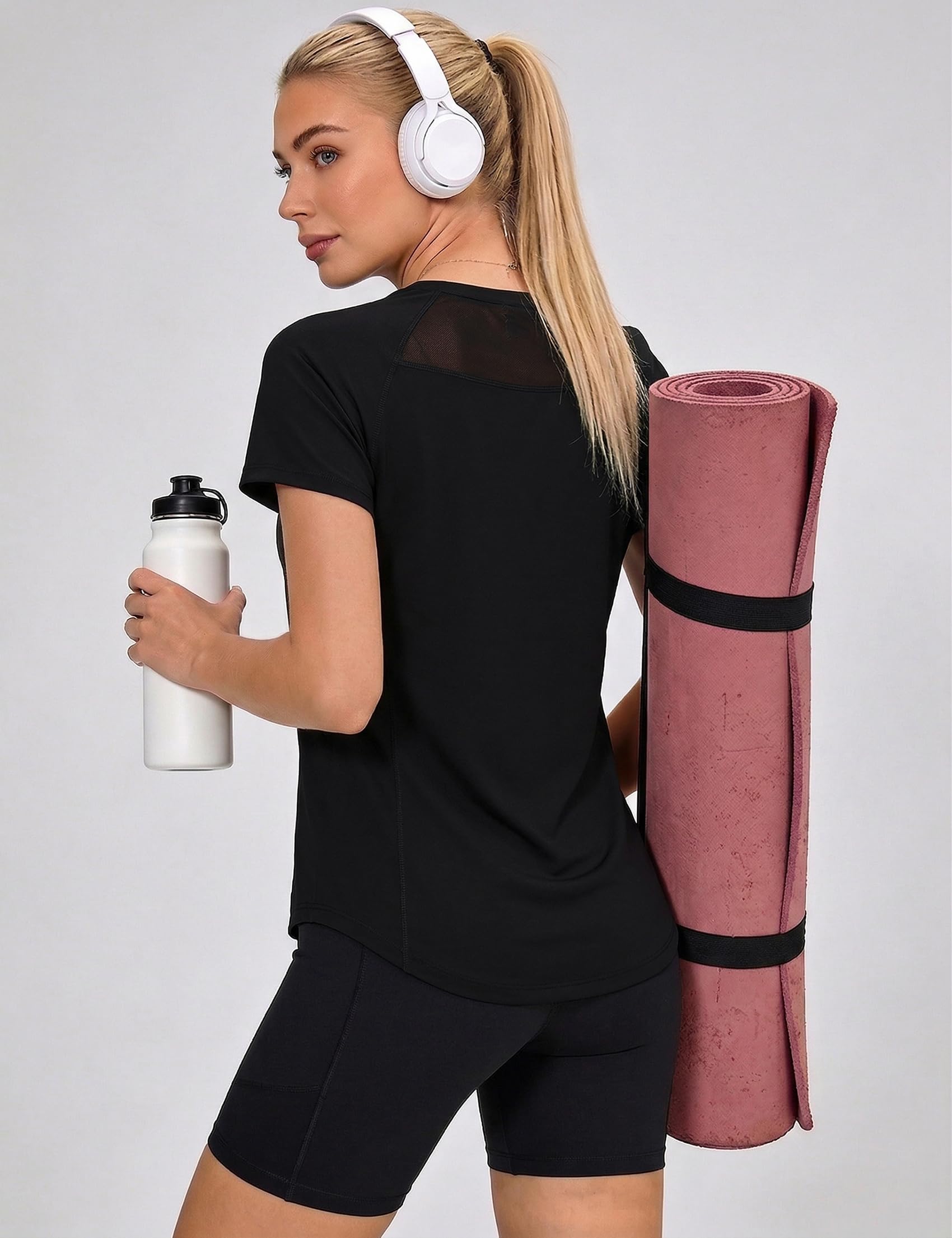 Camiseta Deportiva Mujer Manga Corta Cuello Redondo Camisetas Deporte Malla Trasera Secado Rápido y Transpirable Fitness Yoga Pilates S-XXL