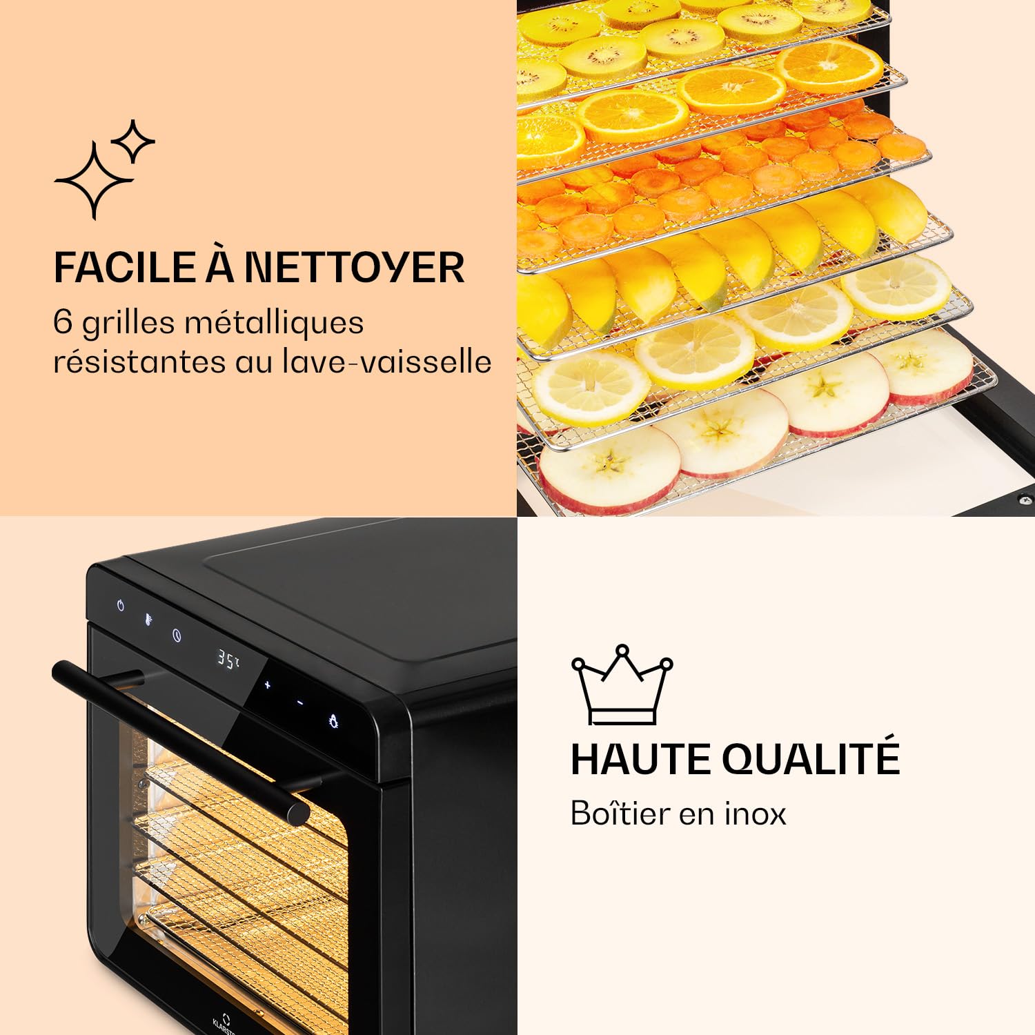 Klarstein Deshydrateur Alimentaire, Séchoir à Légumes, Herbes et Viandes, Déshydrateur de Fruits Secs 700W avec 6 Plateaux à Grille Métallique, Four à Viande Séchée en Métal, Minuterie, Noir