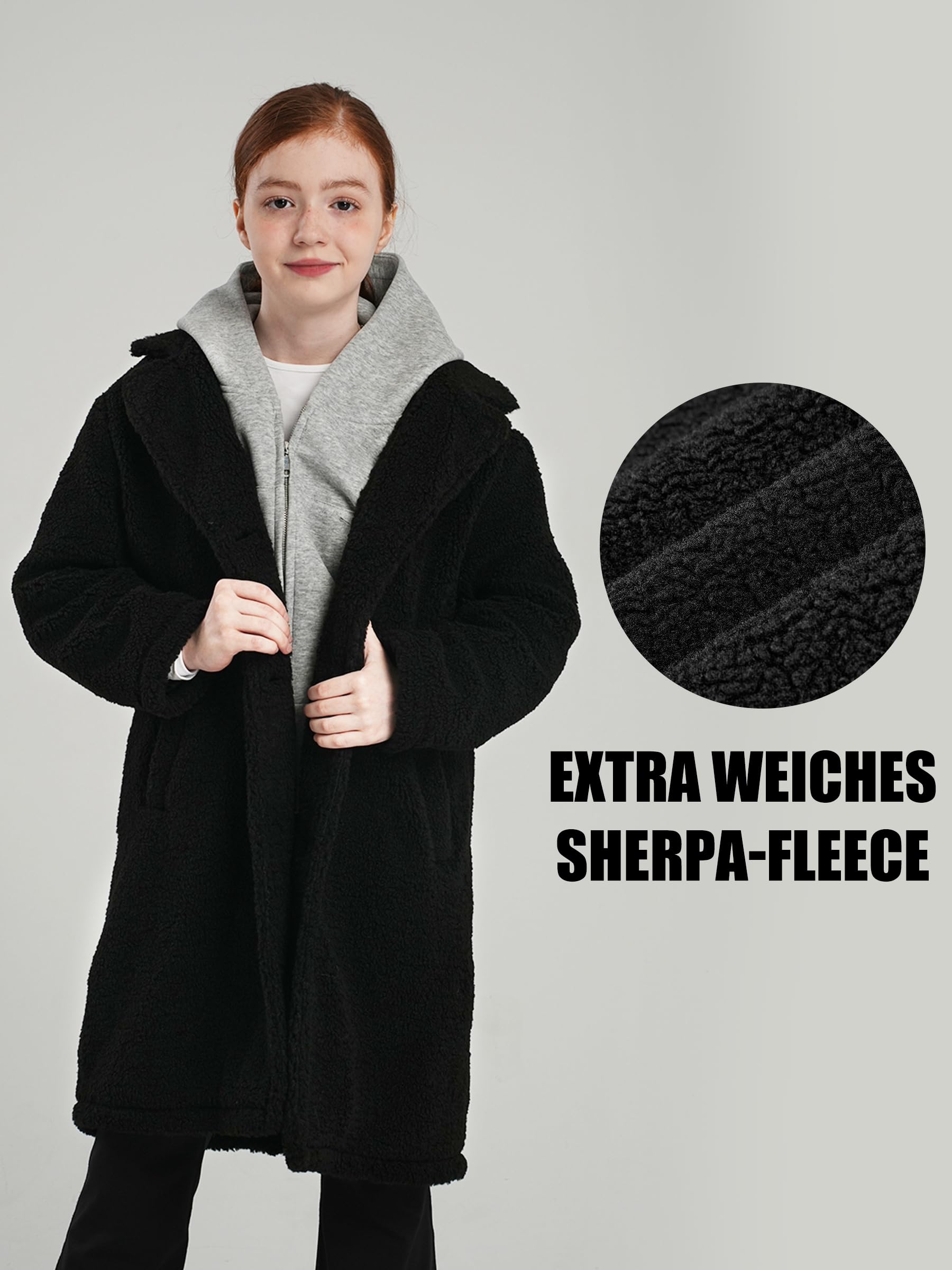 maoo garden Mädchen Langer Wintermantel aus Sherpa-Fleece Leichter Übergangsmantel im Peacoat-Stil mit Trenchcoat-Längenschnitt für Schulkinder