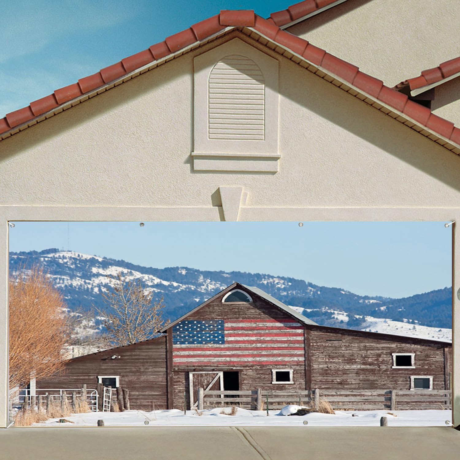 6x13ft Farmhouse Garage Door Decor American Flag Wooden Warehouse Cottage Countryside Rural Snow Mountain Landscape Garage Door Background Outdoors Adult Travel Holiday Home Decor