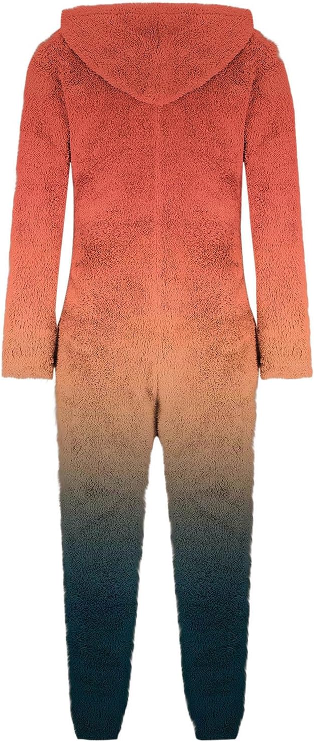 Women's Fuzzy One Piece Pajama Warm Winter Pajamas Ombre Fleece Jumpsuits with Hood Zip Up Plush Romper Loungewear