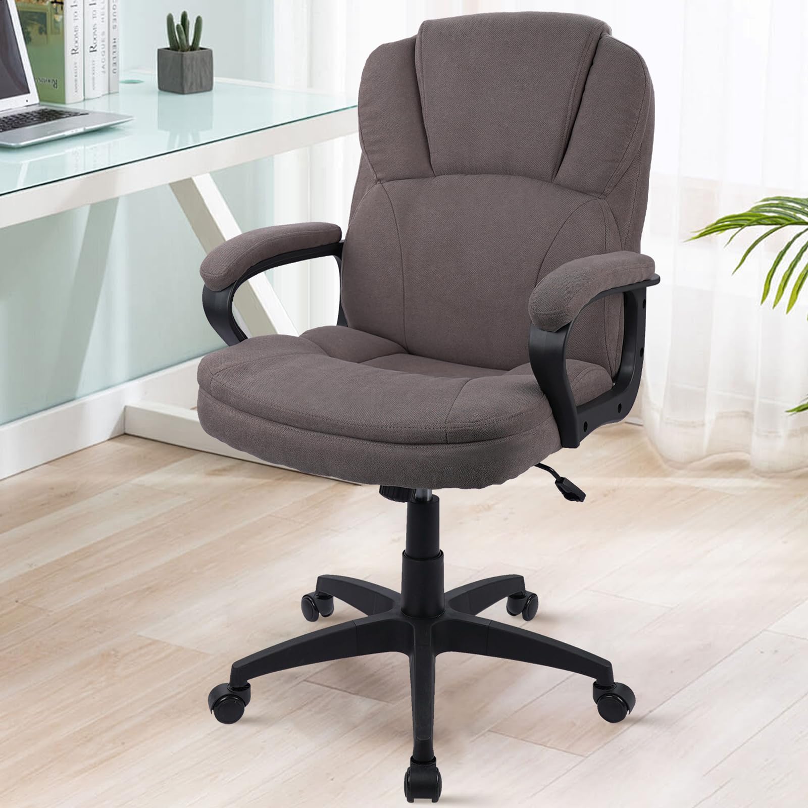 CLATINA Brown Cloth Office Chair Fabric Covered Desk Chair, Adjustable Height Swivel Chairs Ergonomic Executive Chair with Arms and Wheels Comfortable