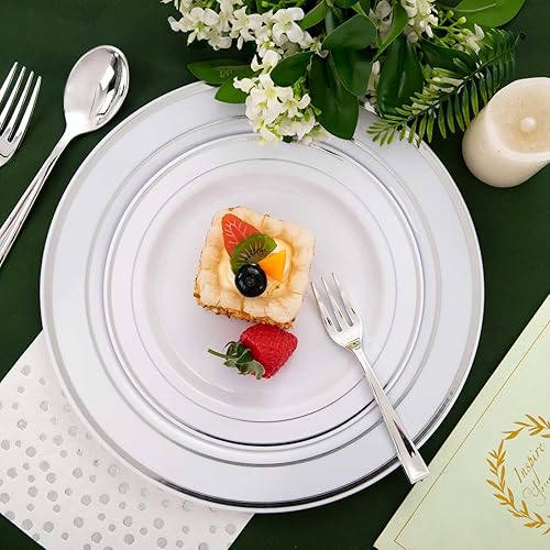 Miniatura 4 de Ciaell 250 platos de plástico plateado  Platos desechables de fiesta plateados  Los platos de plástico blanco y plateado incluyen 50 platos, 75