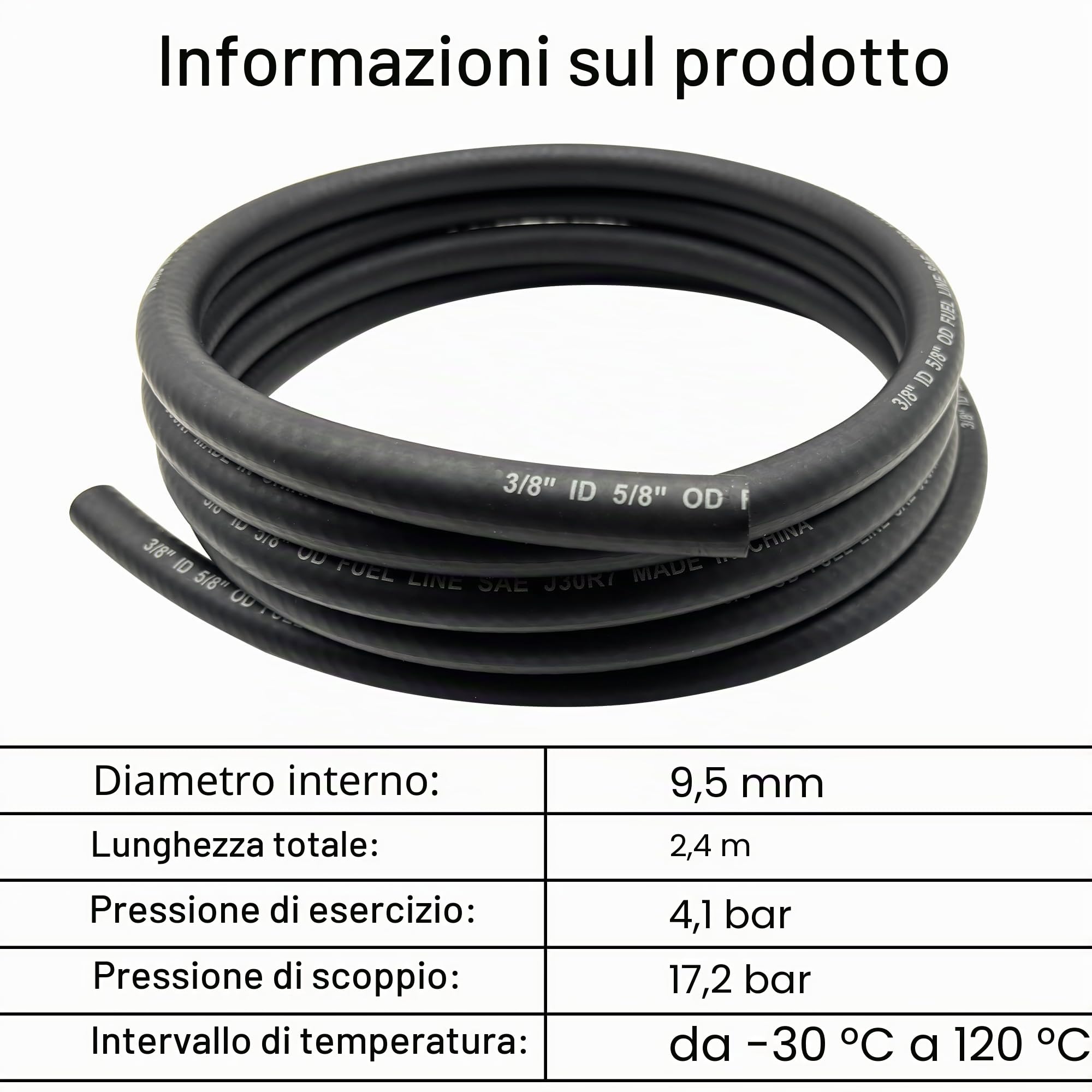 Ø 10 mm 3/8'' (Adatto per 9mm 9.5mm) Tubo Benzina Rinforzato Tubo in gomma intrecciata Carburante per Gasolio 2.4M per Automobili Barca Generatori ATV con 10pcs Fascette Stringitubo