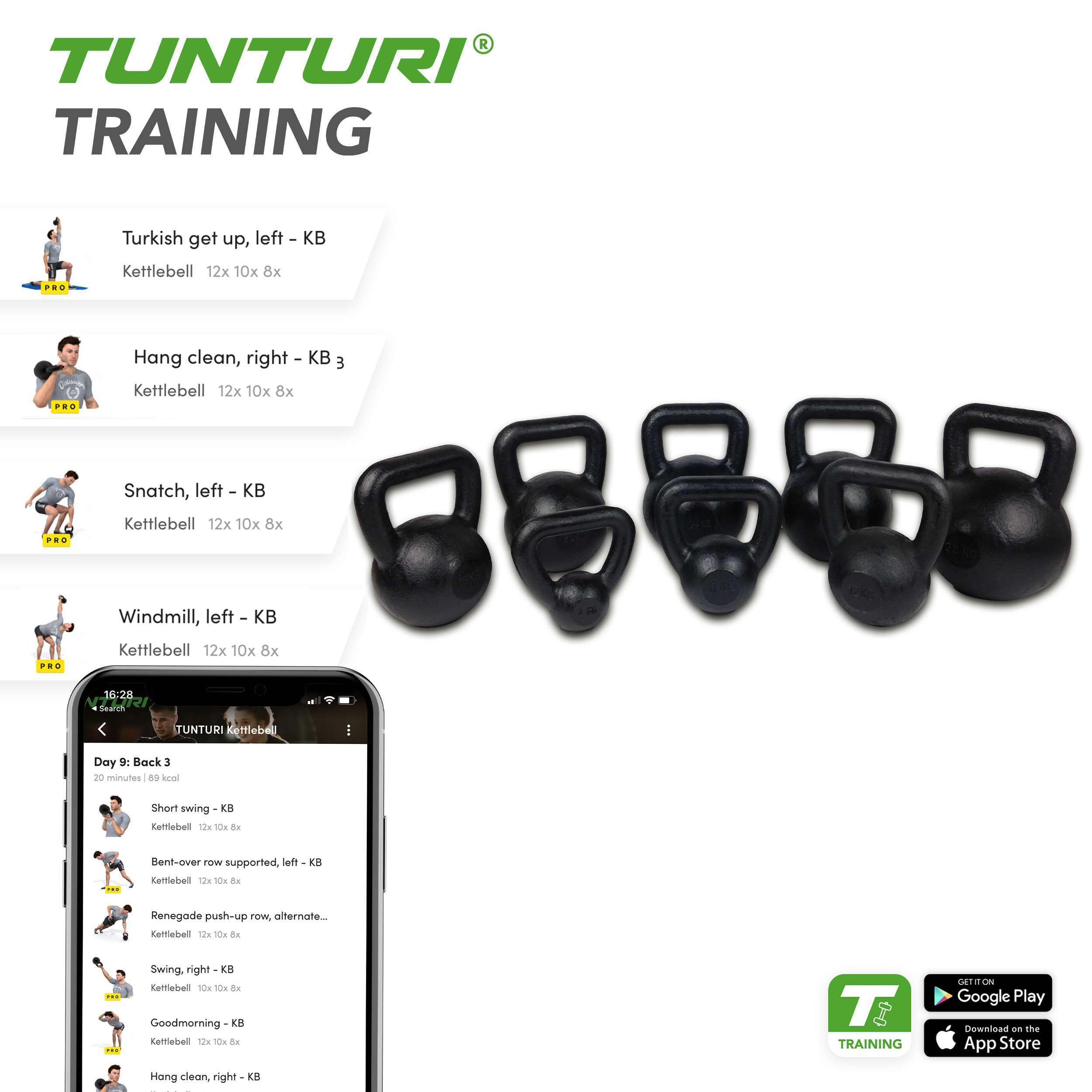 Tunturi Kugelhantel 12 kg aus Gusseisen mit Gummiboden, Kettlebell