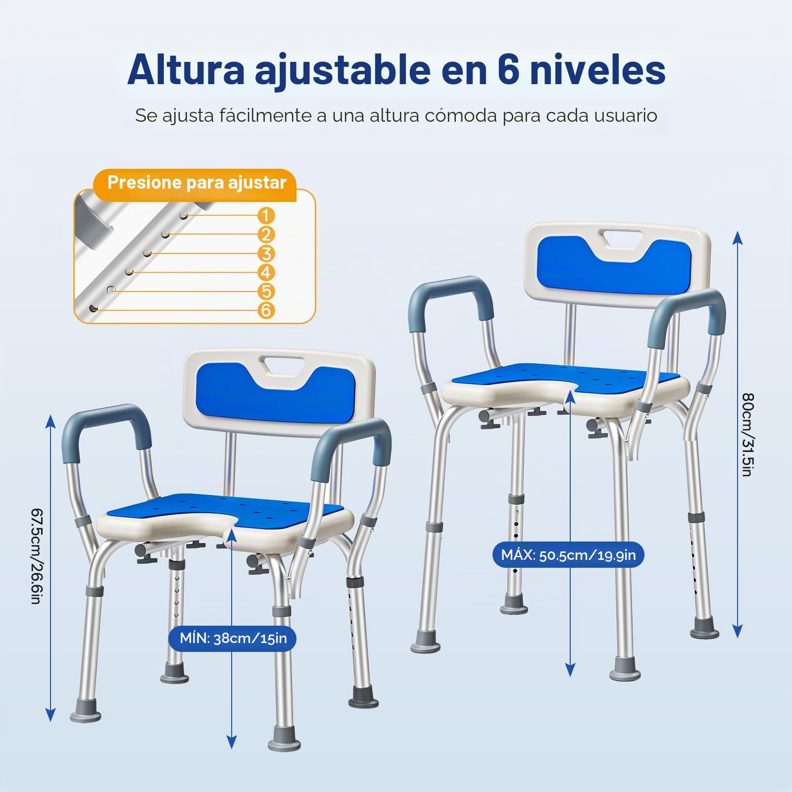 Silla de Ducha con Brazos y Respaldo, Asiento de Ducha Ajustable Taburete de Baño Antideslizante Forma U para Ancianos Discapacitadas Embarazadas