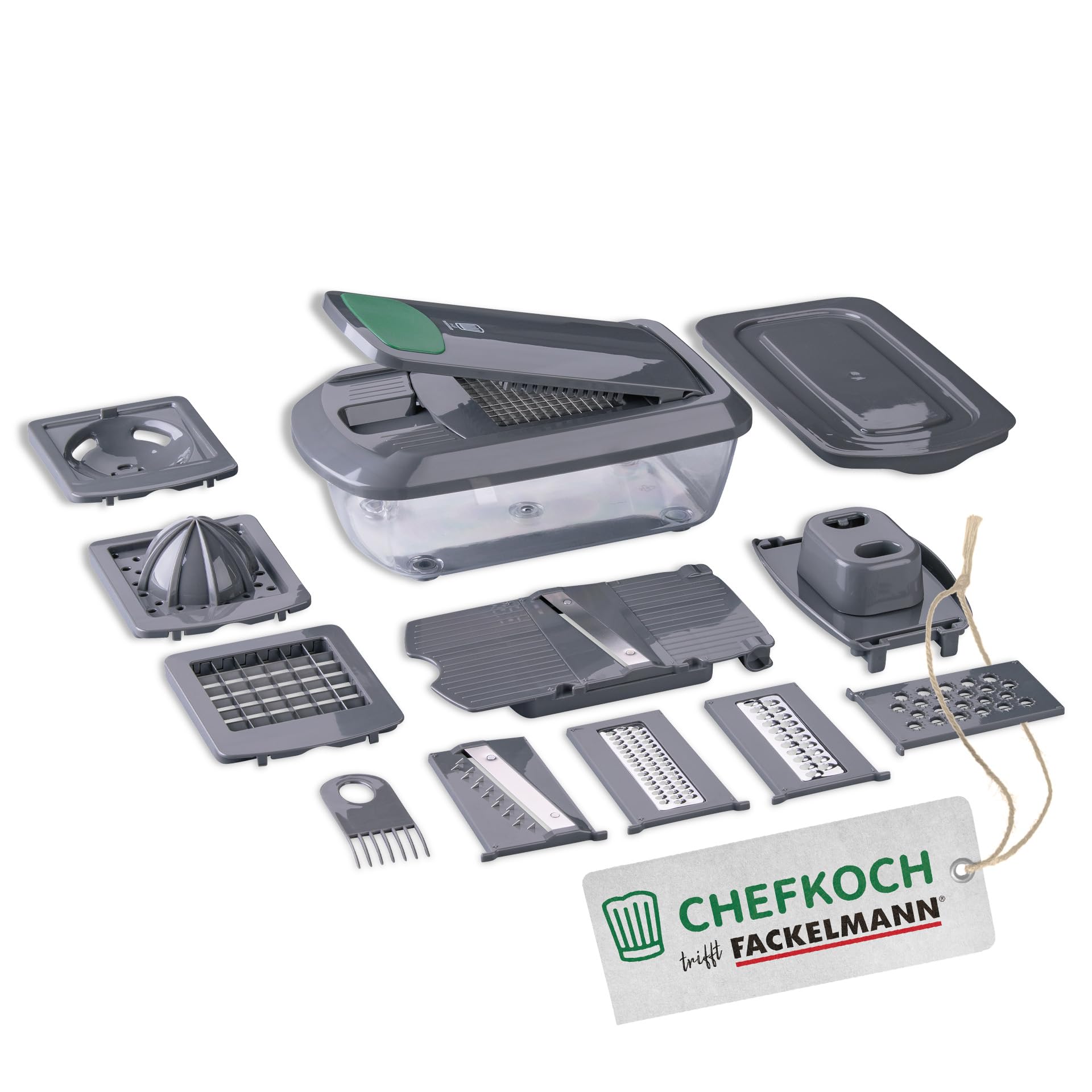 FACKELMANN Chefkoch Mehrzweck Gemüseschneider 16-Teilig – Das Multi-Tool für die Küche ist Cutter, Dicer, Slicer, Chopper und Küchenschneider in einem Set – Multischneider für Gemüse