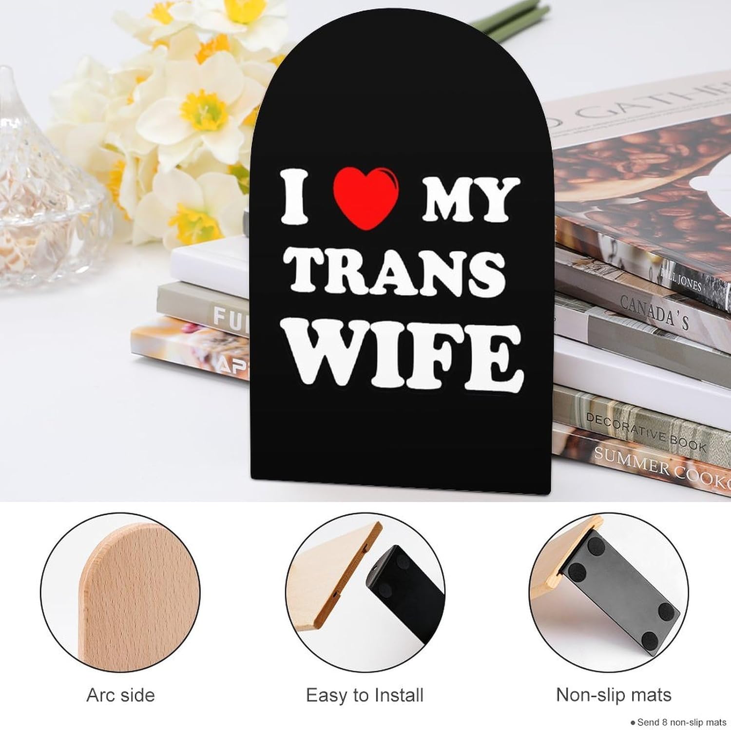 I Love My Trans Wife Cute Wood Book Ends Decorative Bookends 1 Pair Non-Skid for Shelves Home Office 7 X 5 Inch