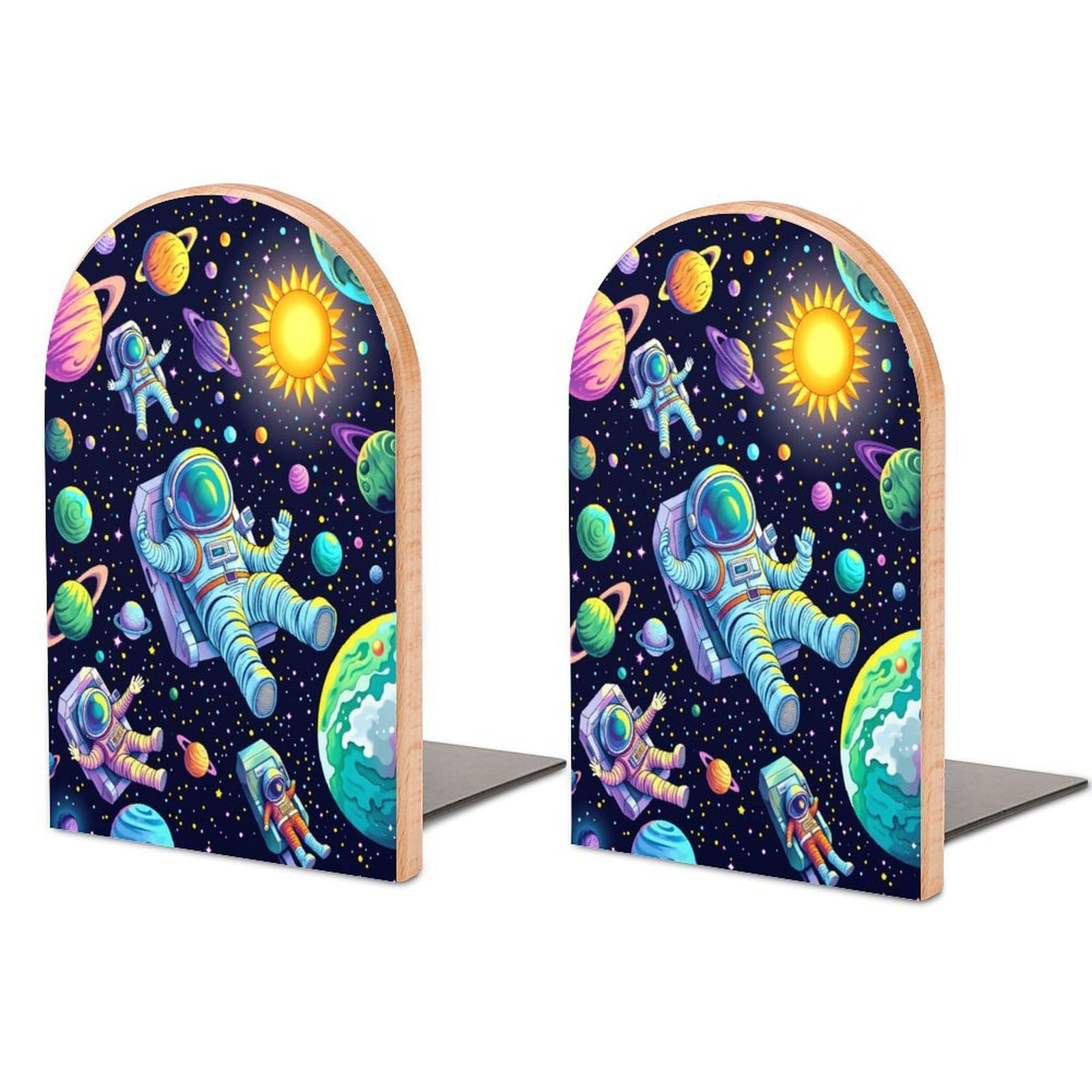 Astronaut Solid Beech Wood Bookends, Decorative Book Ends for Shelves, Non-Skid Desktop Book Organizer for Home Office, Library Decor (1 Pair, 4.7" X 6.7")