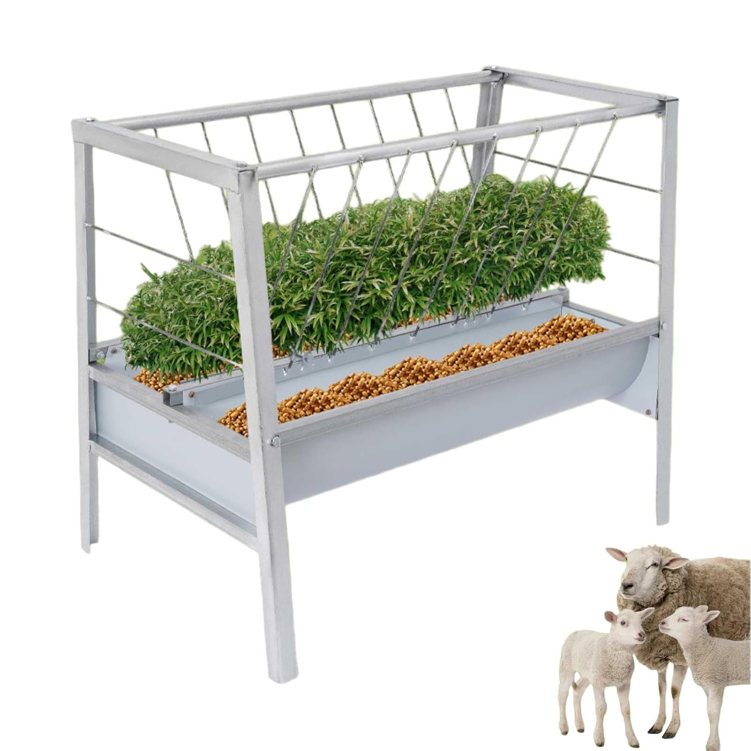 2 en 1 comedero para heno y cereales de metal para heno y grano, sin desperdicio, cabras independientes, comedero con 2 comederos profundos para ovejas, cabras, caballos, ganado, 100 x 66 x 85 cm