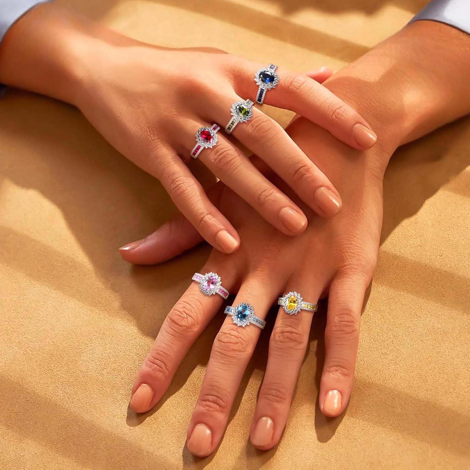 Oval Luxury Stunning Gemstone Engagement Ring, 925 Sterling Silver Cocktail Ring Janaury to December Birthstone Halo Rings for Women, Size 6 to 10