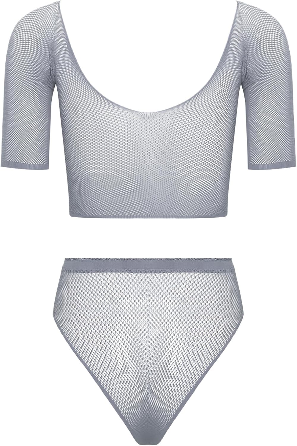 FEESHOW 2-piece Womens See Through Fishnet Lingerie Short Sleeve Crop Top with High Waist Briefs Gray One Size
