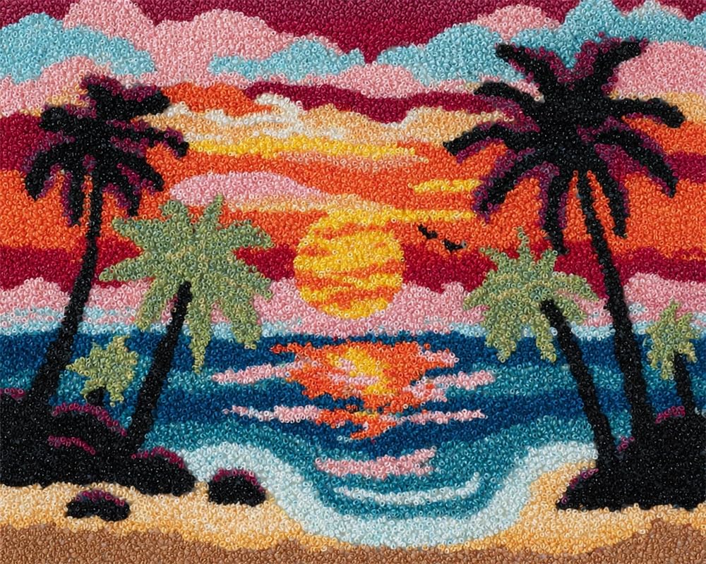 Kitquiver Latch Hook Kits for Adults Beginners Rug Sunset Beach Scene DIY Crochet Yarn Embroidery Handmade Needlework with Printed Canvas for Home Decoration 15X20In