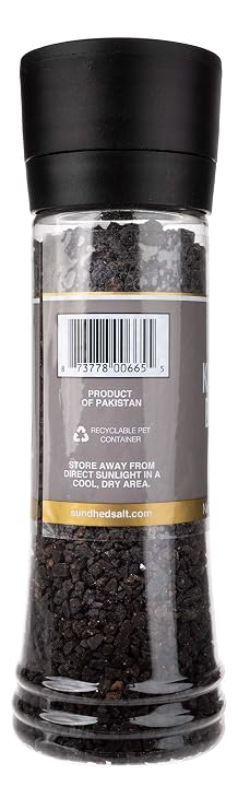 Sundhed Himalayan Black Rock Salt Kala Namak (Course) in Grinder | 390 Grams (13.75 oz) | Natural Vegan Seasoning