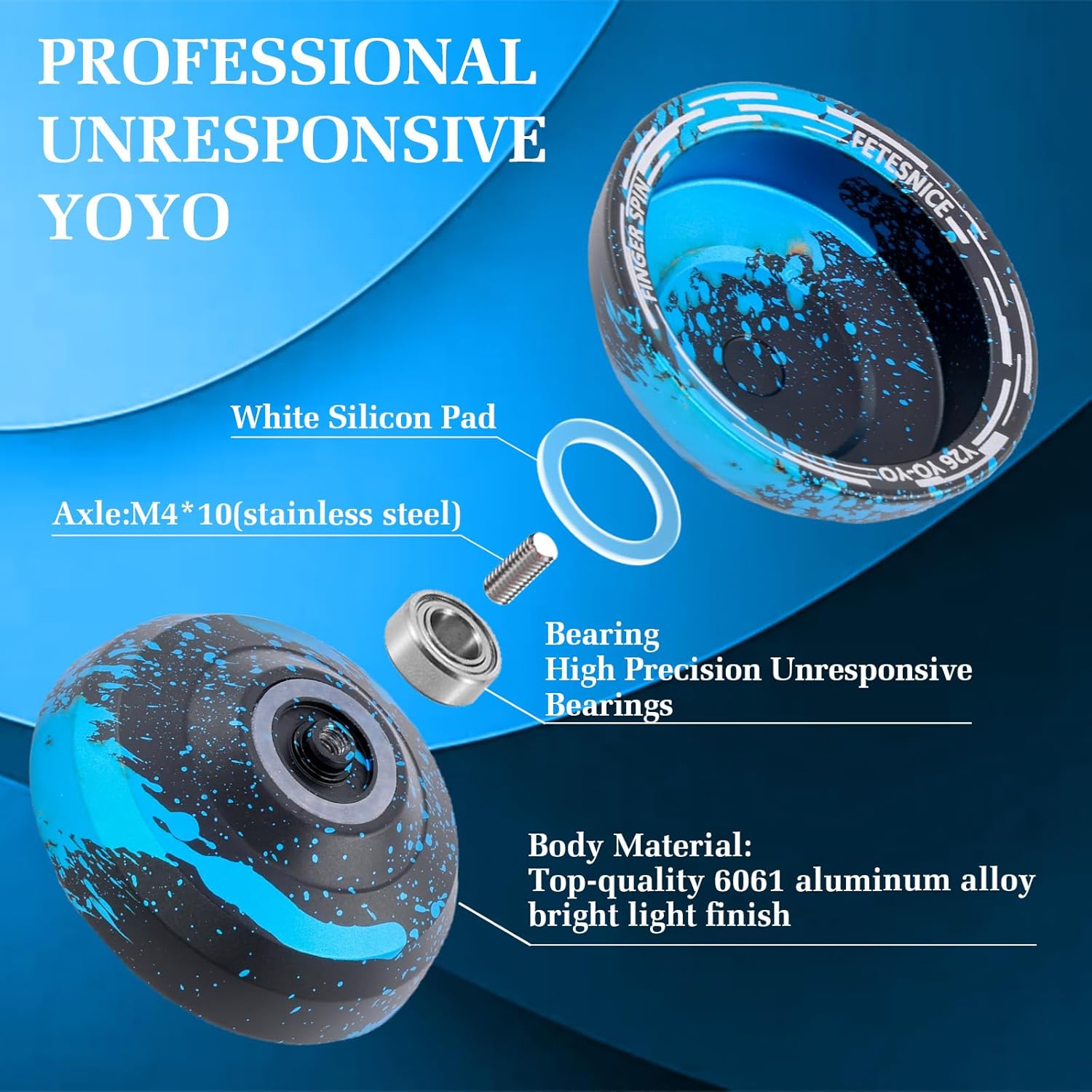 FETESNICE Y26 Professional Butterfly Yo-Yo - Dual Mode Responsive/Unresponsive Finger Spin Yoyo for Kids, Adults & Competition Players | Pro Yo-Yo with 10 Strings + Case & Gloves（Black Blue）