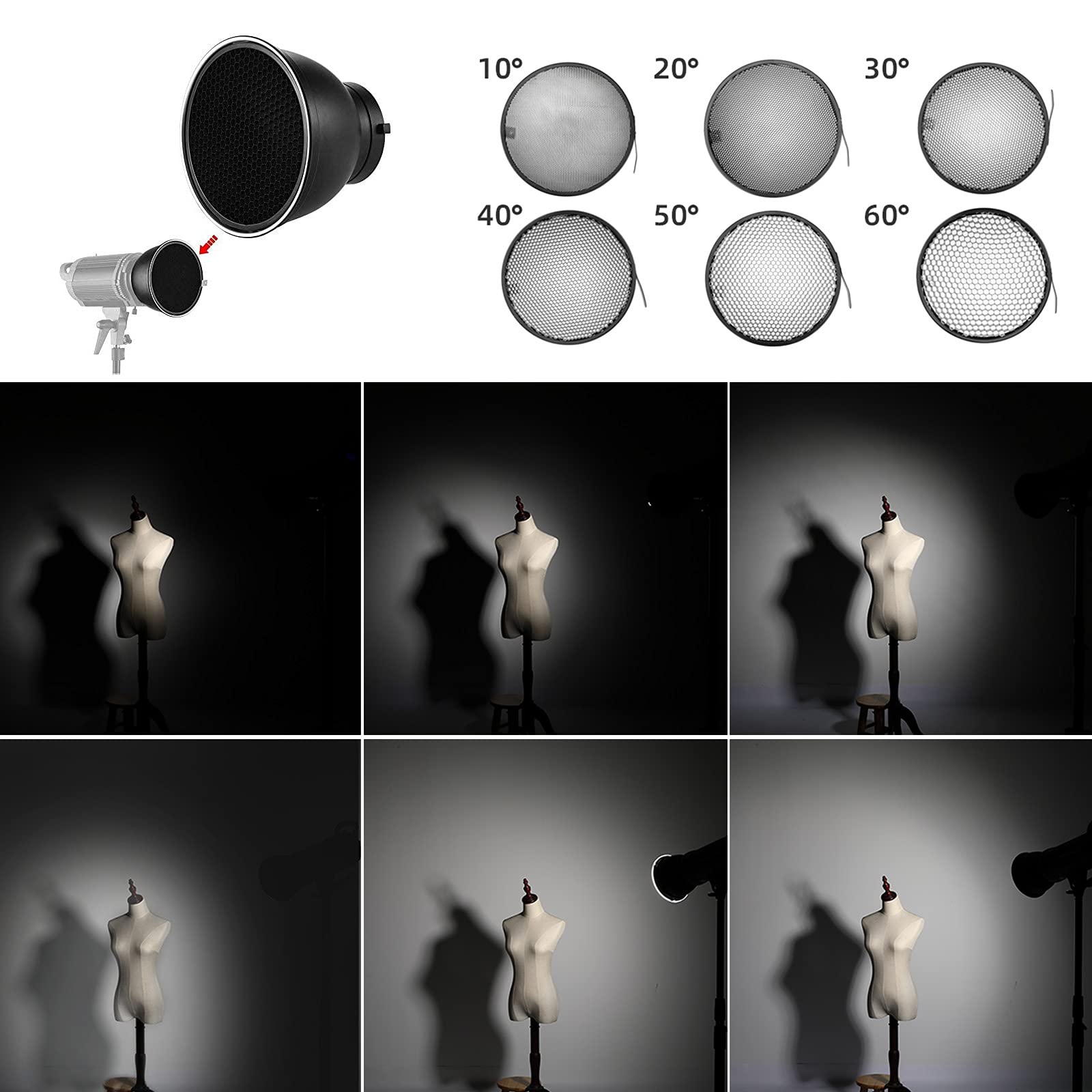 SOONPHO - Diffusore standard per lampada da 18 cm, con griglia a nido d'ape da 10/20/30/40/50/60 gradi, in 6 colori, morbido panno per Bowens Mount Studio Strobe Flash Light Speedlite