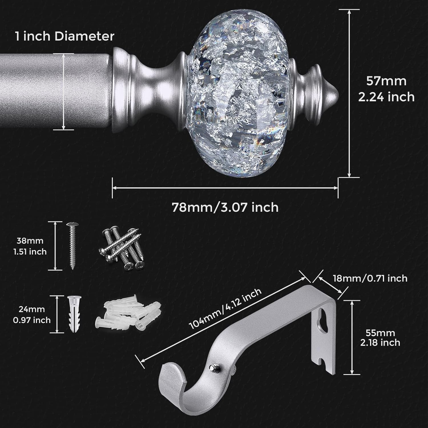 2 Pack Silver Curtain Rod for Windows 28 to 48 Inches, 1'' Heavy Duty Adjustable Modern Drapery Rods with Unique Crystal Finials, Luxury Decorative Curtain Rods, Size: 30-60''