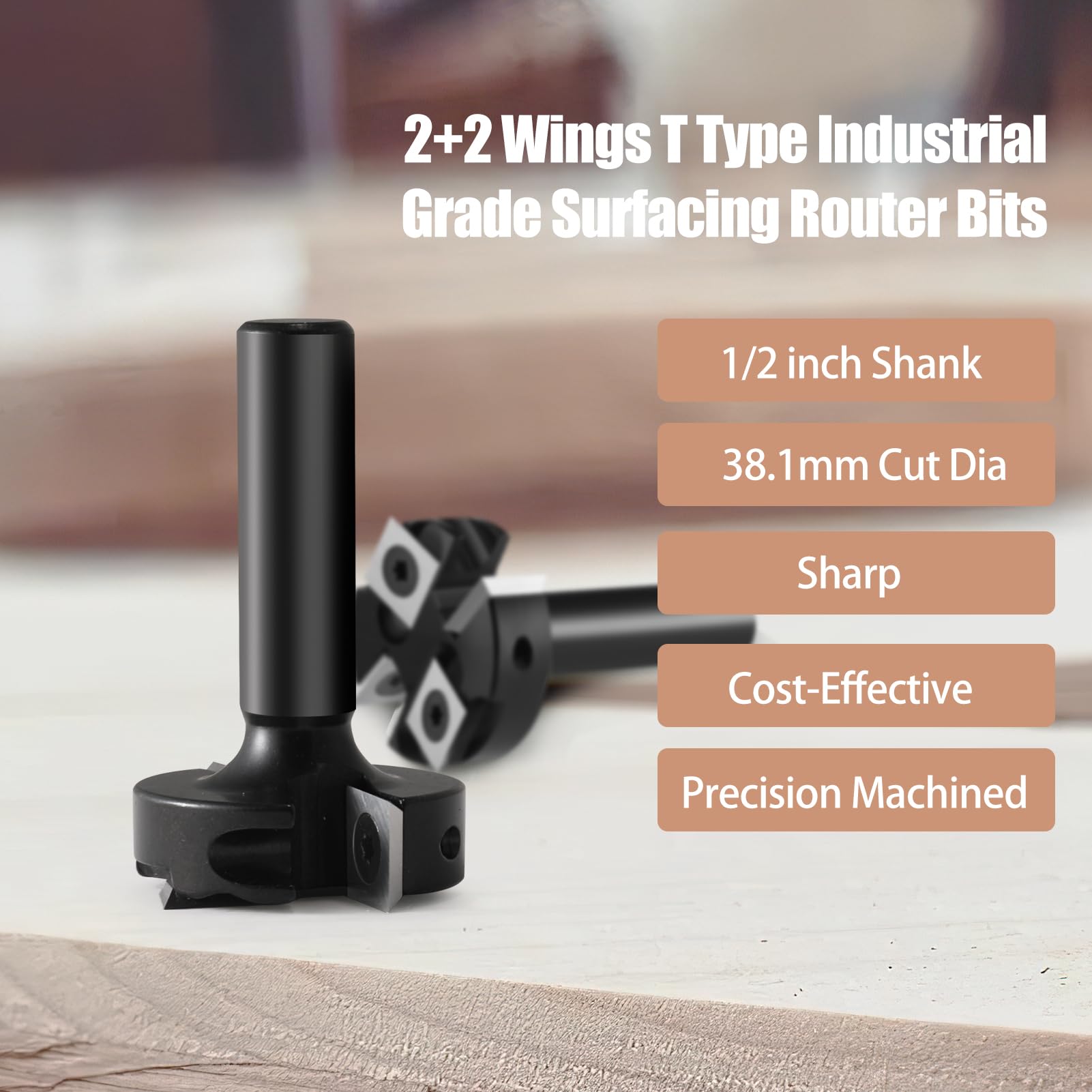 Punta per fresatrice CNC per superfici con codolo da 1/2", diametro di taglio 3,8 cm, 2+2 scanalature, inserti in carburo per pialla in legno di carburo, con 10 inserti indicizzabili (12 x 12