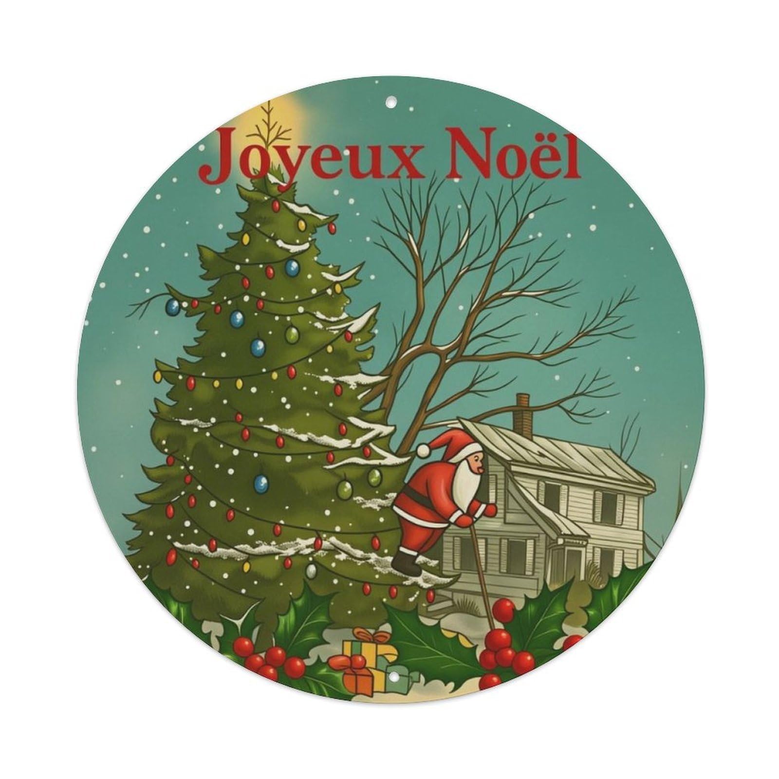 French Vintage Santa Claus Christmas Round Decor Sign Vintage Aluminium Metal Sign, Retro Wall Decor for Home, Bar, Garage & Farmhouse 20x20cm