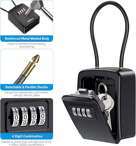 Miniatura 5 de AMIR Caja de bloqueo de llaves, caja de seguridad para llaves con grillete extraíble, caja de bloqueo de combinación de 4 dígitos impermeable,