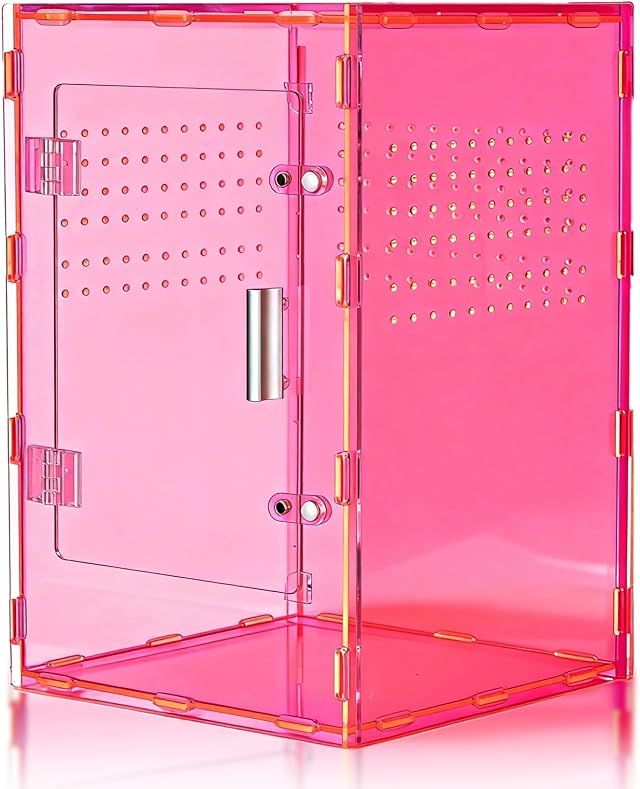 8x8x12 Pink Acrylic Terrarium Vertical for Spider Reptile | Vertical pink acrylic terrarium 8x8x12, waterproof sealed body, secure anti-escape, suits Reptile spider small lizard