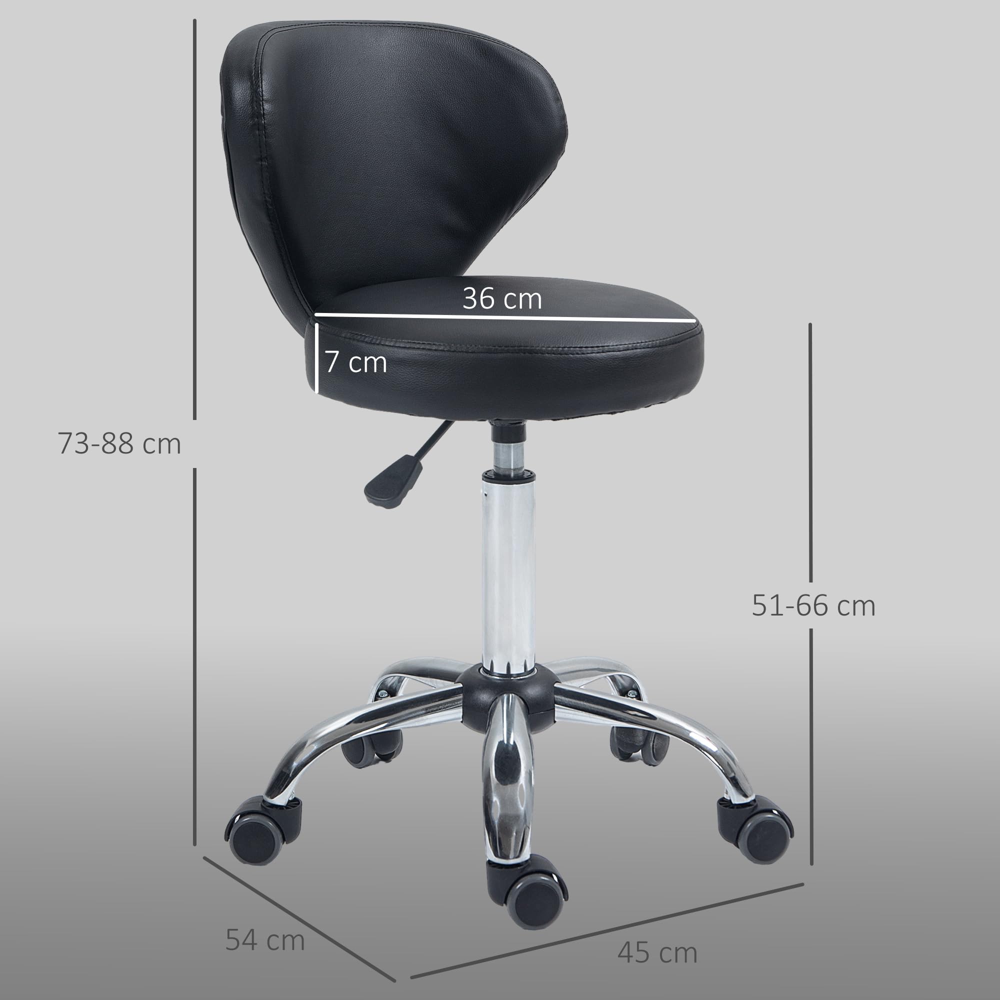 HOMCOM Sgabello Regolabile Girevole a 360° 45x54x73-88 cm Nero | Sgabello da Estetista, Schienale, Ruote, Struttura in Acciaio, Finta Pelle