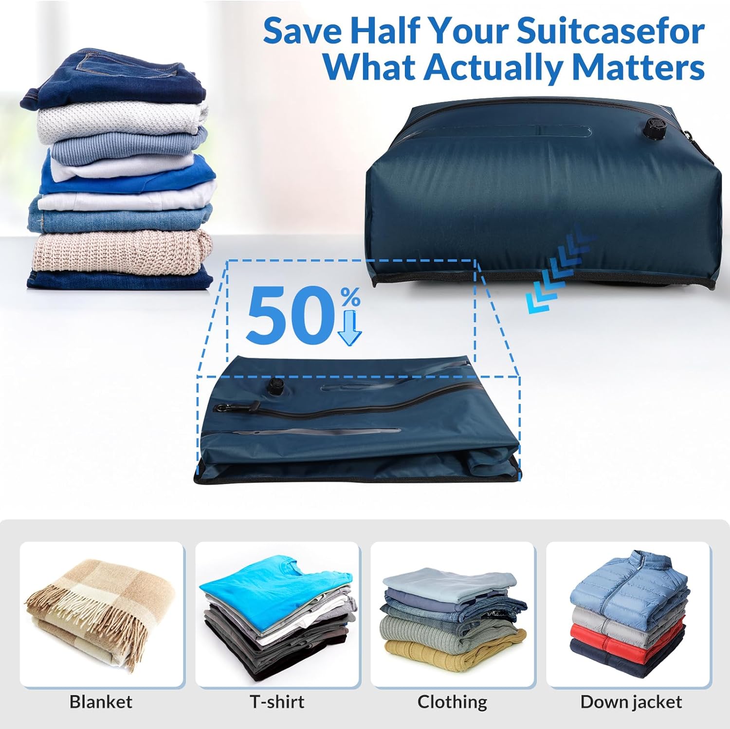 Newdehenm Reusable TPU Travel Vacuum Compression Bags - Waterproof Space Saver Bags for Luggage, Suitcase, Backpack, Storage Organizer (2 Pack, Blue) - Image 3