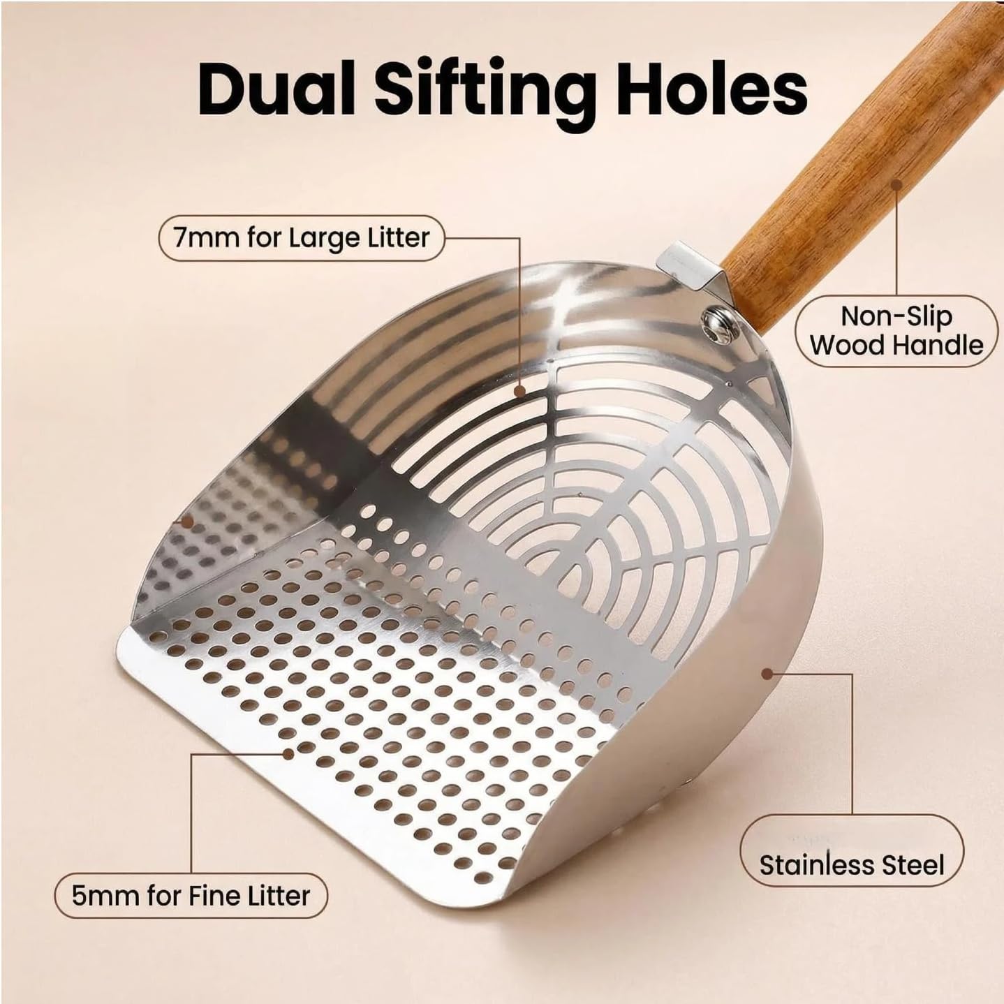 Stainless Steel Cat Litter Scoop, Heavy Duty Metal Sifter with Wooden Handle for Clumping Litter, Durable Litter Box Scooper for Cats