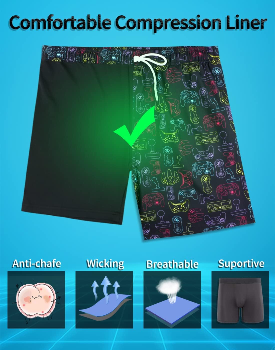 Mens Swim Trunks with Compression Liner Anti Chafe Quick Dry UPF 50+ Swimming Shorts 5" 7" Inseam Bathing Suit