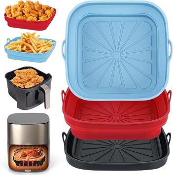 Air Fryer Liners 3PCS Reusable Silicone Tray Foldable Kitchen Basket Versatile Square Baking Pot Accessories for Airfryer, Microwave, Oven, Red+Black+Sky Blue