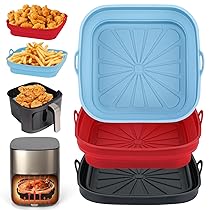 Alyvisun Teglie in Silicone per Friggitrice ad Aria, 3 Pezzi Teglia Cestello per Air Fryer Contenitori Riutilizzabile Quadrato Tappetino Stampi Per Airfryer, Microonde, Forno (Rosso+Nero+Azzurro)