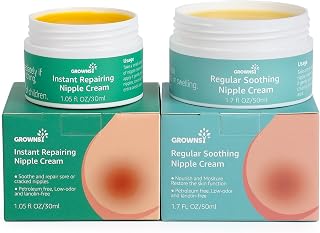 GROWNSY Daily Soothing & Instant Repairing Nipple Cream Set for Breastfeeding, 100% Plant-Based Lanolin Free Nipple Butter, 1.7 oz Daily Cream & 1.05 oz Instant Nipple Balm for Nursing Newborn