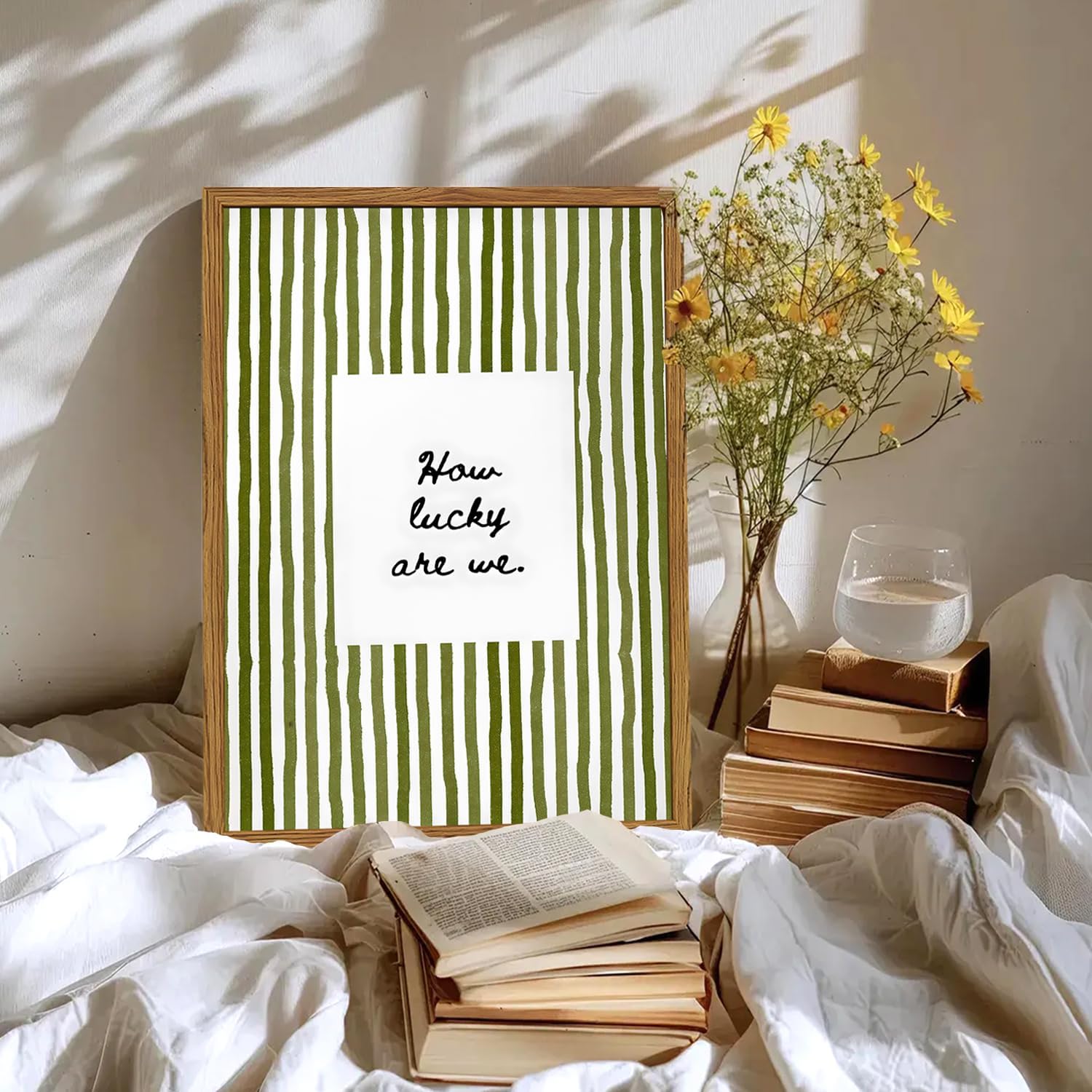 Framed How Lucky Are We Wall Art, Green Striped Pictures Wall Decor, Trendy Inspirational Quote Paintings Canvas Prints Preppy Home Decor for Living Room Bedroom Office Dorm 12x16 inch