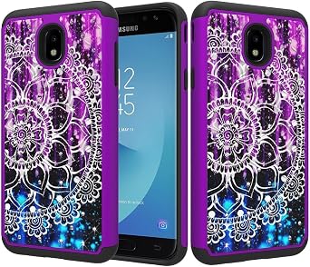 Zase Design Case Compatible with Samsung Galaxy J7 2018, J7 Refine, J7 Star Hybrid Dual Layer Protection Cover [Jewel Rhinestone] Sparkly Crystal Bling Diamond Purple Blue Mandala Flower
