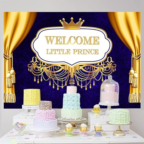 Miniatura 4 de Telón de fondo azul rey de bienvenida de 7 x 5 pies para fotografía, corona dorada y decoración de cortinas, telón de fondo para fotos, telón de