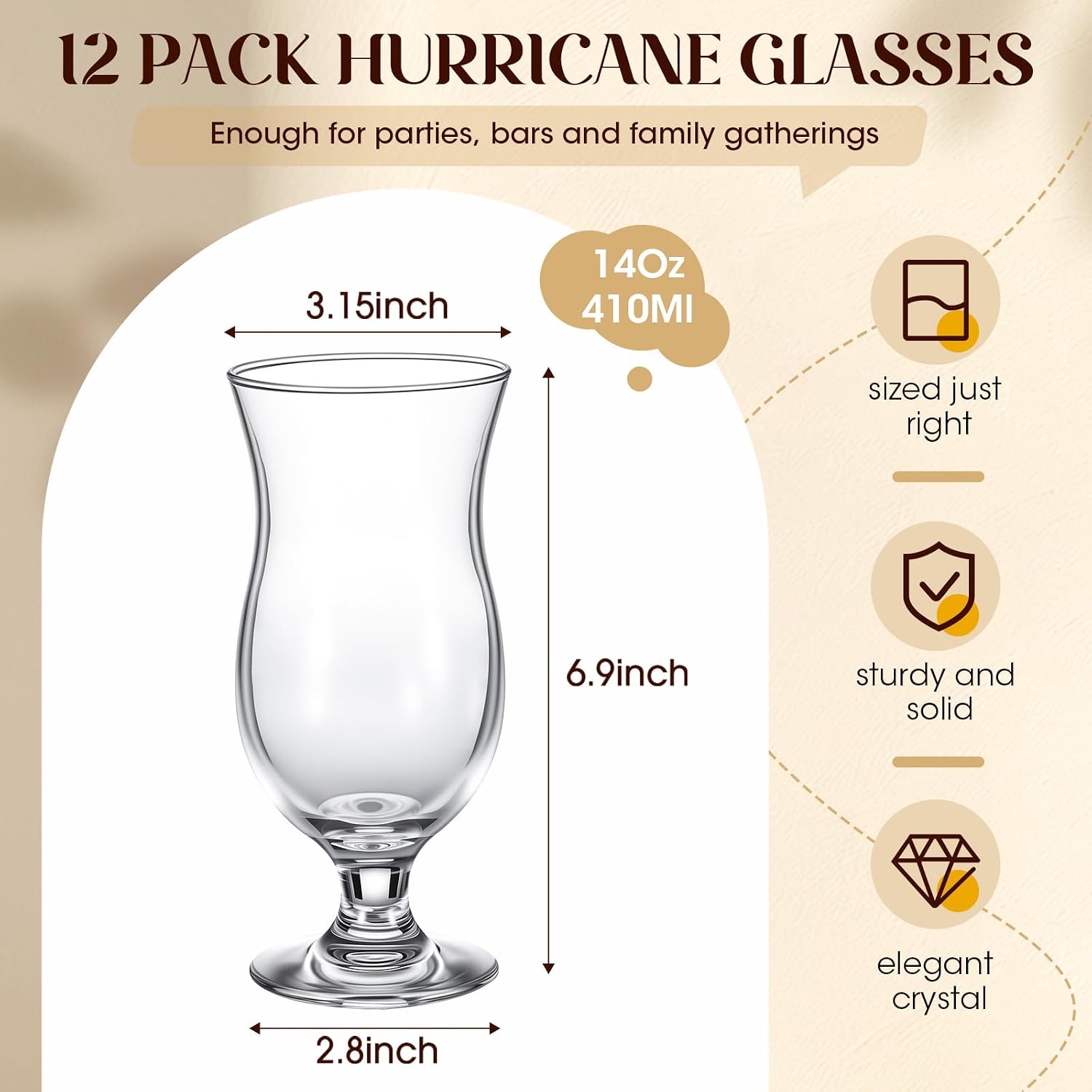 Patelai 12 Pack Hurricane Glasses, 14 oz Pina Colada Glasses,Short Stem | Clear Tulip Drinking Cups for Cocktails Tropical Drinks Full-Bodied Beer Juice Sangria Mojito, Dishwasher Safe