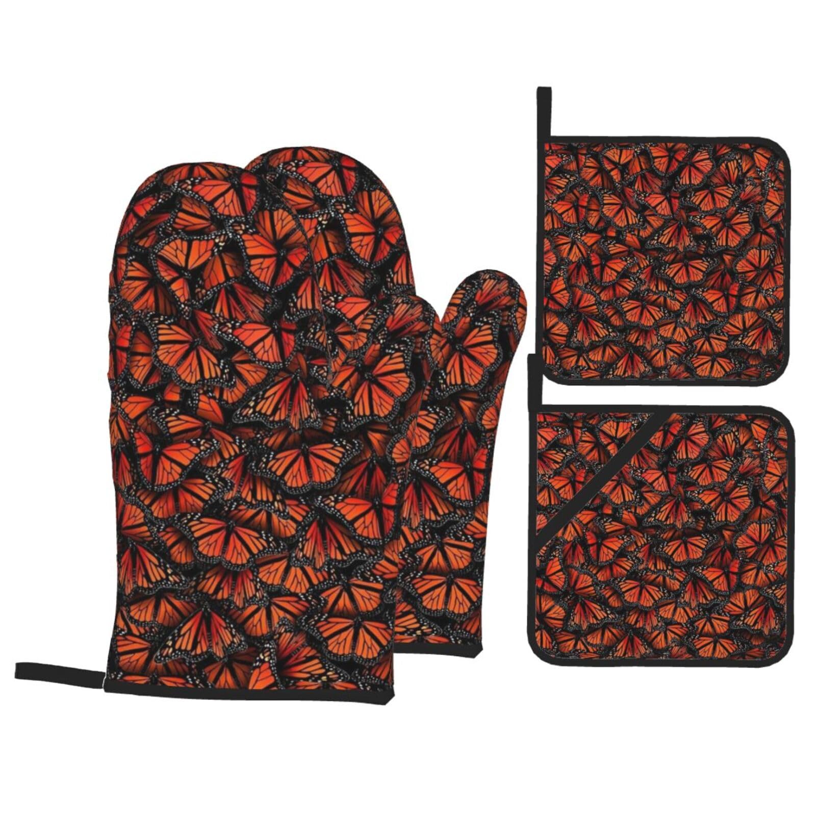 Monarch Butterflies Print Stylish Heat-Resistant Oven 4-Piece Set Kitchen Gloves Roasting Daily Cooking