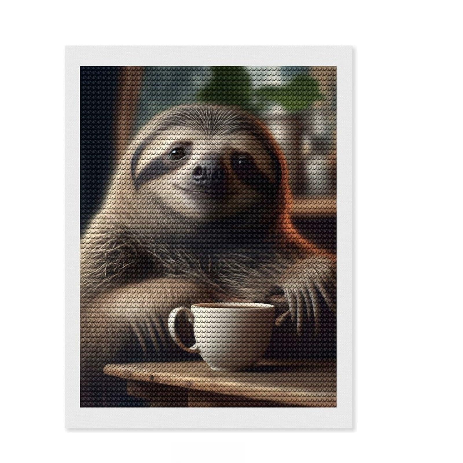 Junmoney Morning Sloth Round Drill Diamond Painting 12"x16", Cute Room Decor, Relaxing DIY, with Tool Kit, Thoughtful Present