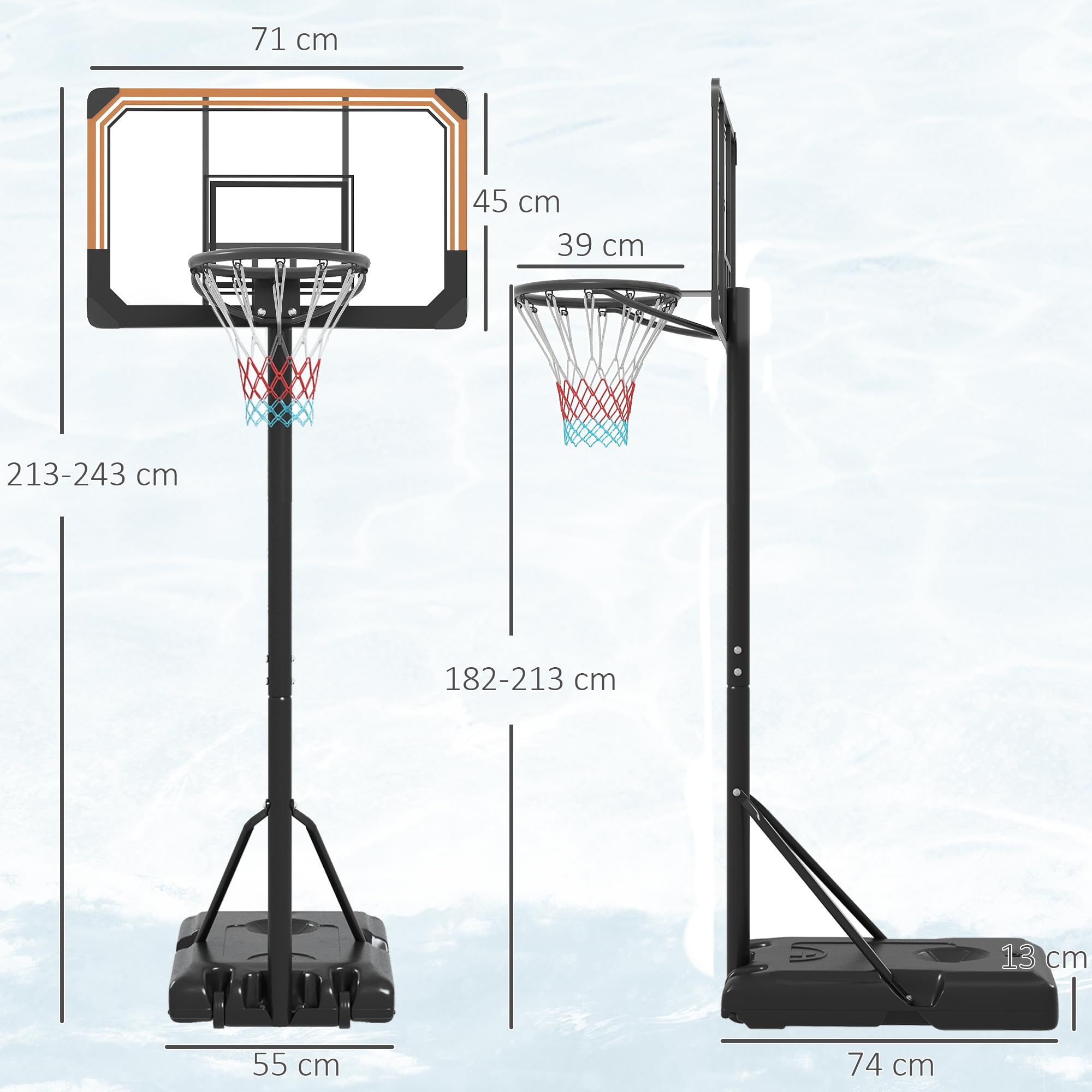 SPORTNOW Kosz do koszykówki outdoorowy ze stojakiem, 182-213 cm, z regulacją wysokości, stojak do koszykówki z kółkami, podstawa z piaskiem wodnym, dla młodzieży, dorosłych, na podwórkach, w ogrodzie