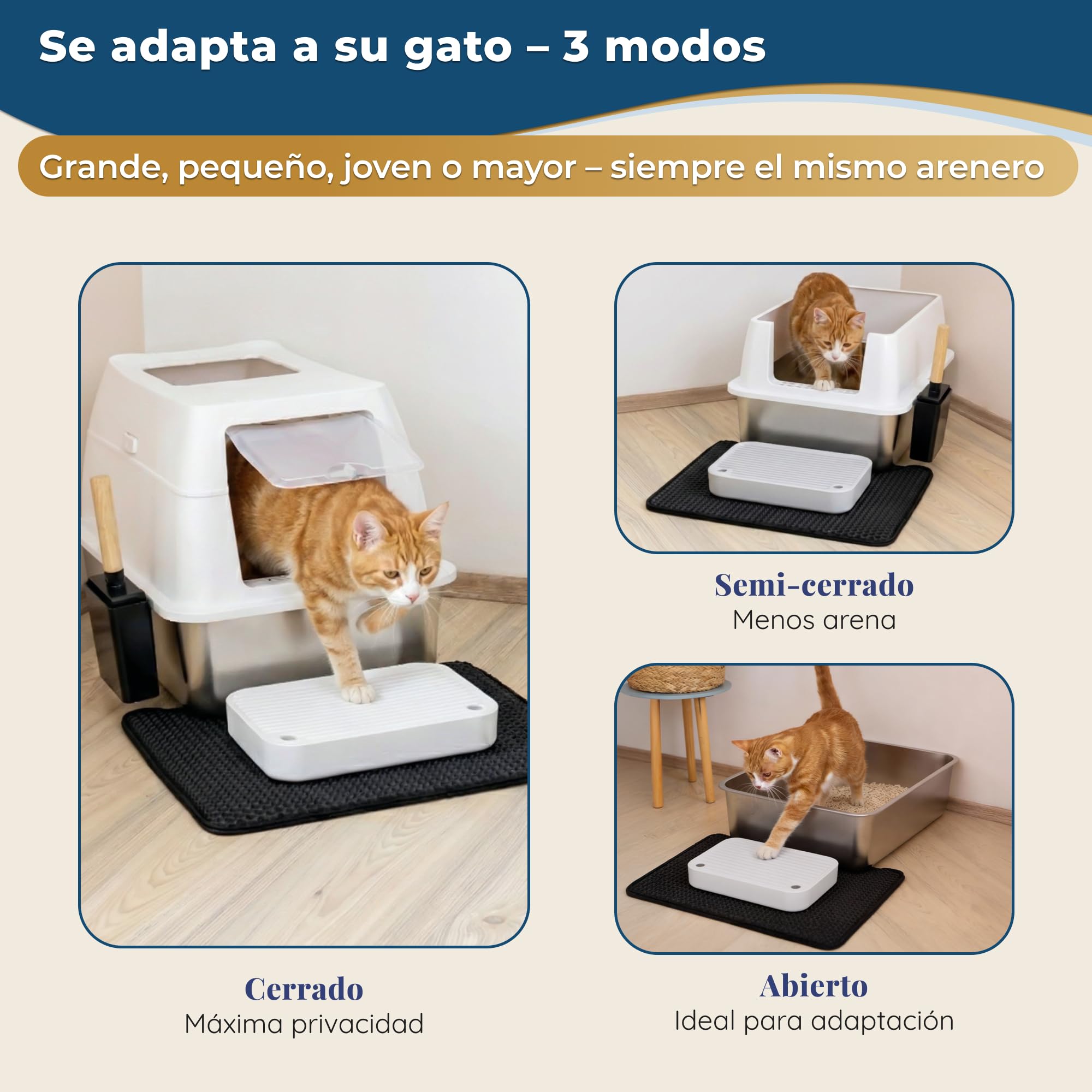 Arenero Gato Acero Inoxidable XXL – Arenero Acero Inoxidable Cerrado de Doble Entrada con escalón, Pala y Alfombrilla – Fácil de Limpiar, antiolores, Caja de Arena para Gatos Grandes - Beige