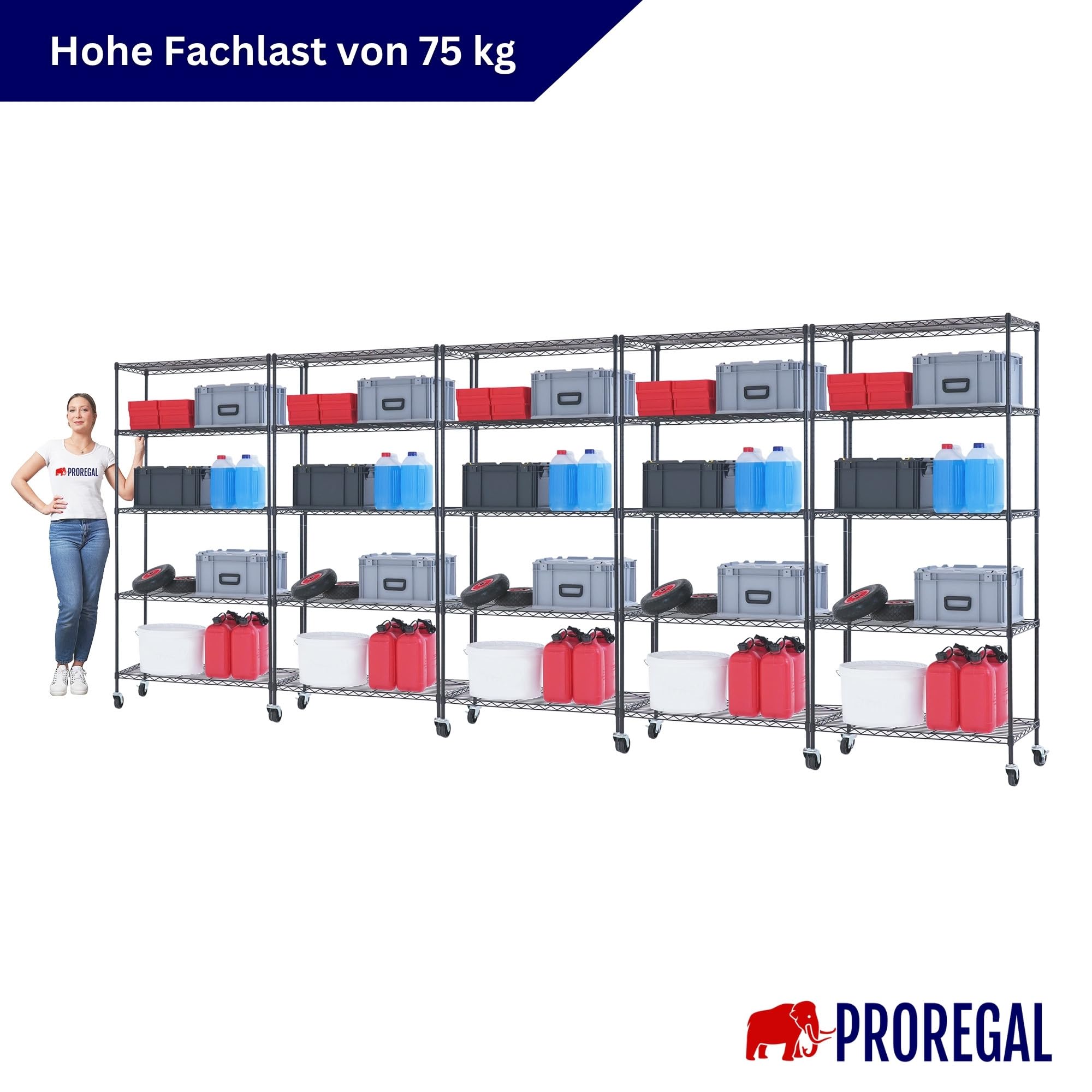PROREGAL Mega Deal 5 scaffalature in filo metallico HADES con ruote e 5 ripiani in filo metallico HxLxP 180x90x40 cm, portata per ripiano 75 kg Scaffalatura in filo metallico nero